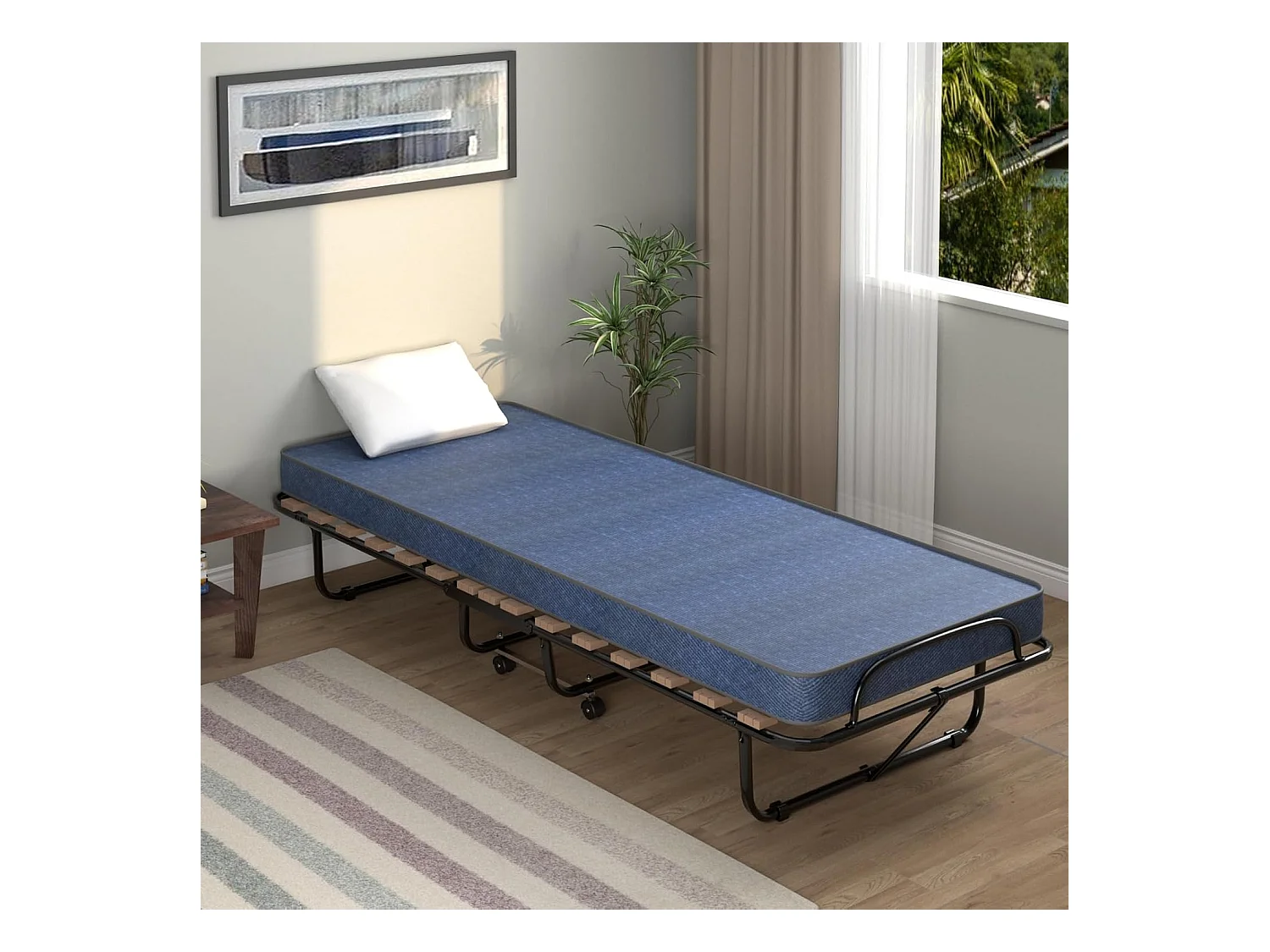 Gastenbed met matras, inklapbaar eenpersoonsbed, stabiel metalen bed, belastbaar tot 130 kg, klapbed op wielen,camping,draagbaar bed, 80 x 190 cm, blauwTI94021