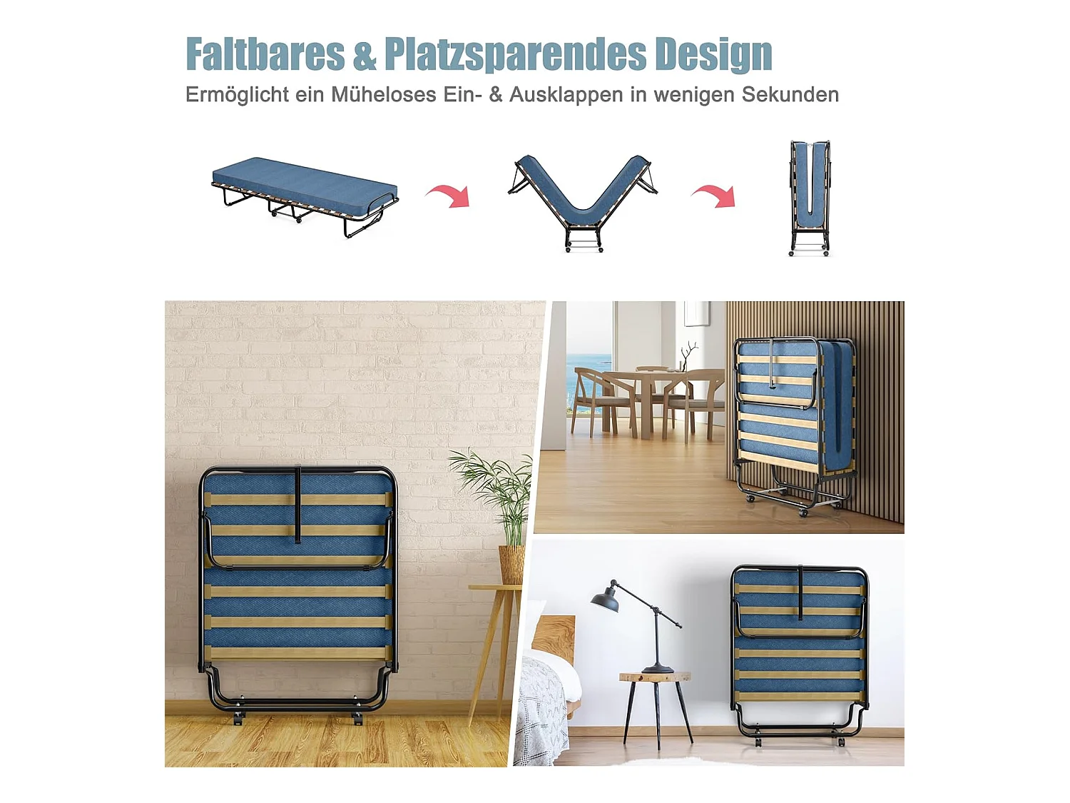 Gastenbed met matras, inklapbaar eenpersoonsbed, stabiel metalen bed, belastbaar tot 130 kg, klapbed op wielen,camping,draagbaar bed, 80 x 190 cm, blauwTI94021