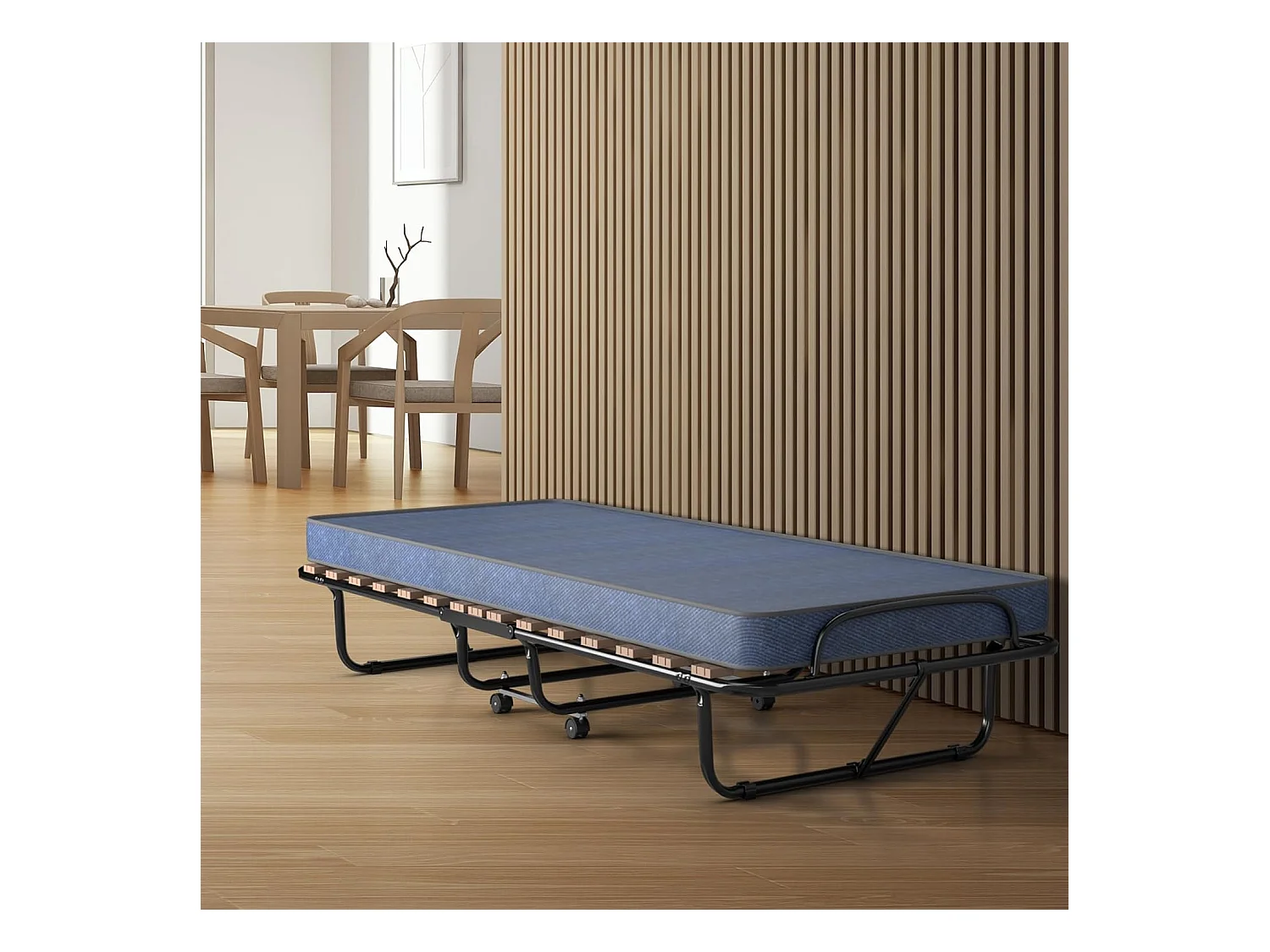 Gastenbed met matras, inklapbaar eenpersoonsbed, stabiel metalen bed, belastbaar tot 130 kg, klapbed op wielen,camping,draagbaar bed, 80 x 190 cm, blauwTI94021