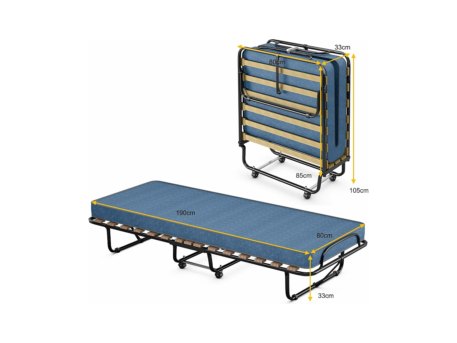Gastenbed met matras, inklapbaar eenpersoonsbed, stabiel metalen bed, belastbaar tot 130 kg, klapbed op wielen,camping,draagbaar bed, 80 x 190 cm, blauwTI94021