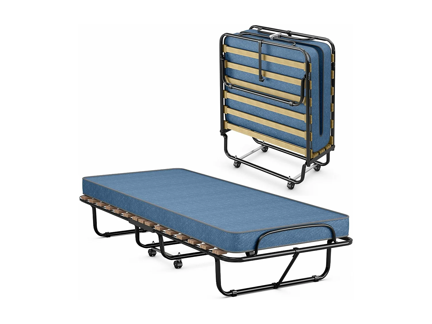 Gastenbed met matras, inklapbaar eenpersoonsbed, stabiel metalen bed, belastbaar tot 130 kg, klapbed op wielen,camping,draagbaar bed, 80 x 190 cm, blauwTI94021
