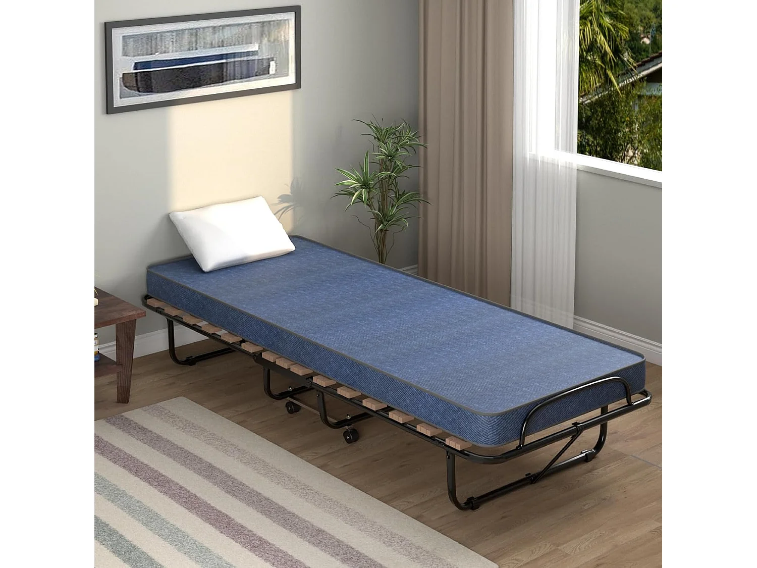 Gastenbed met matras, inklapbaar eenpersoonsbed, stabiel metalen bed, belastbaar tot 130 kg, klapbed op wielen,camping,draagbaar bed, 80 x 190 cm, blauwTI94021