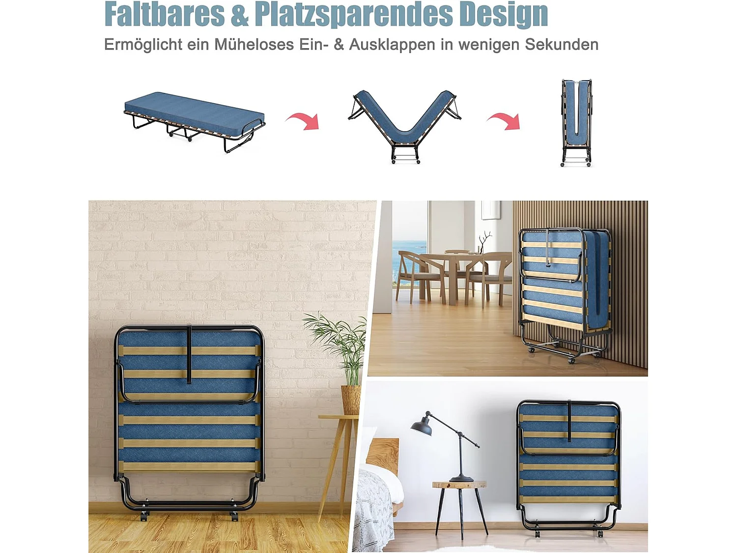 Gastenbed met matras, inklapbaar eenpersoonsbed, stabiel metalen bed, belastbaar tot 130 kg, klapbed op wielen,camping,draagbaar bed, 80 x 190 cm, blauwTI94021
