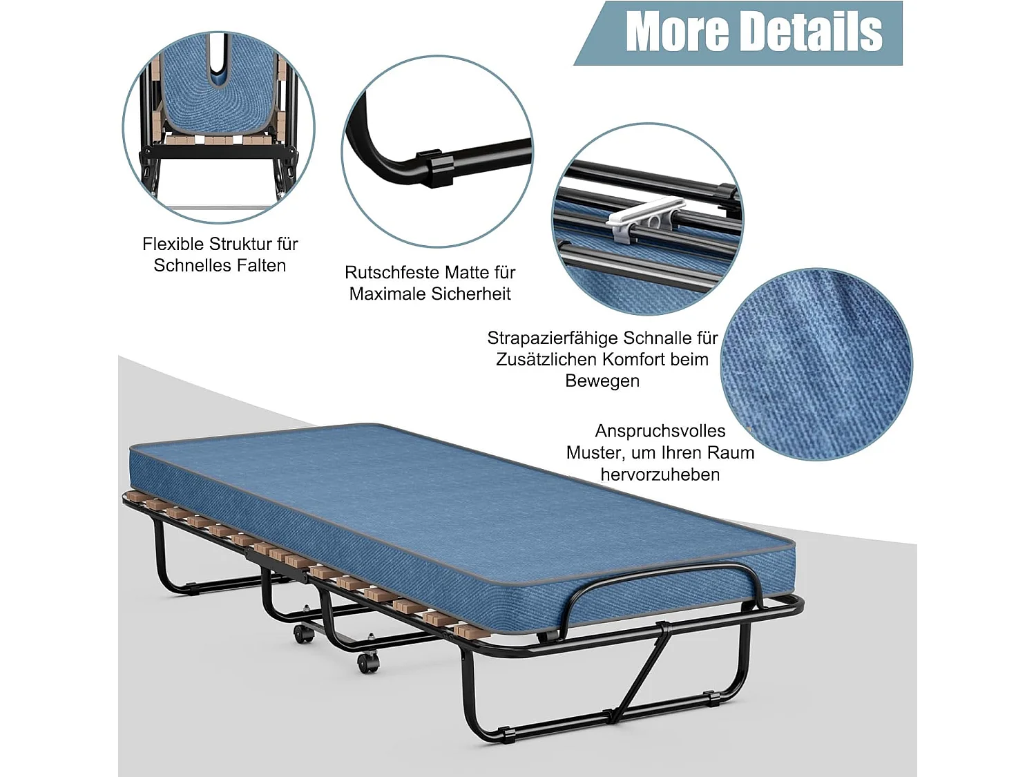 Gastenbed met matras, inklapbaar eenpersoonsbed, stabiel metalen bed, belastbaar tot 130 kg, klapbed op wielen,camping,draagbaar bed, 80 x 190 cm, blauwTI94021