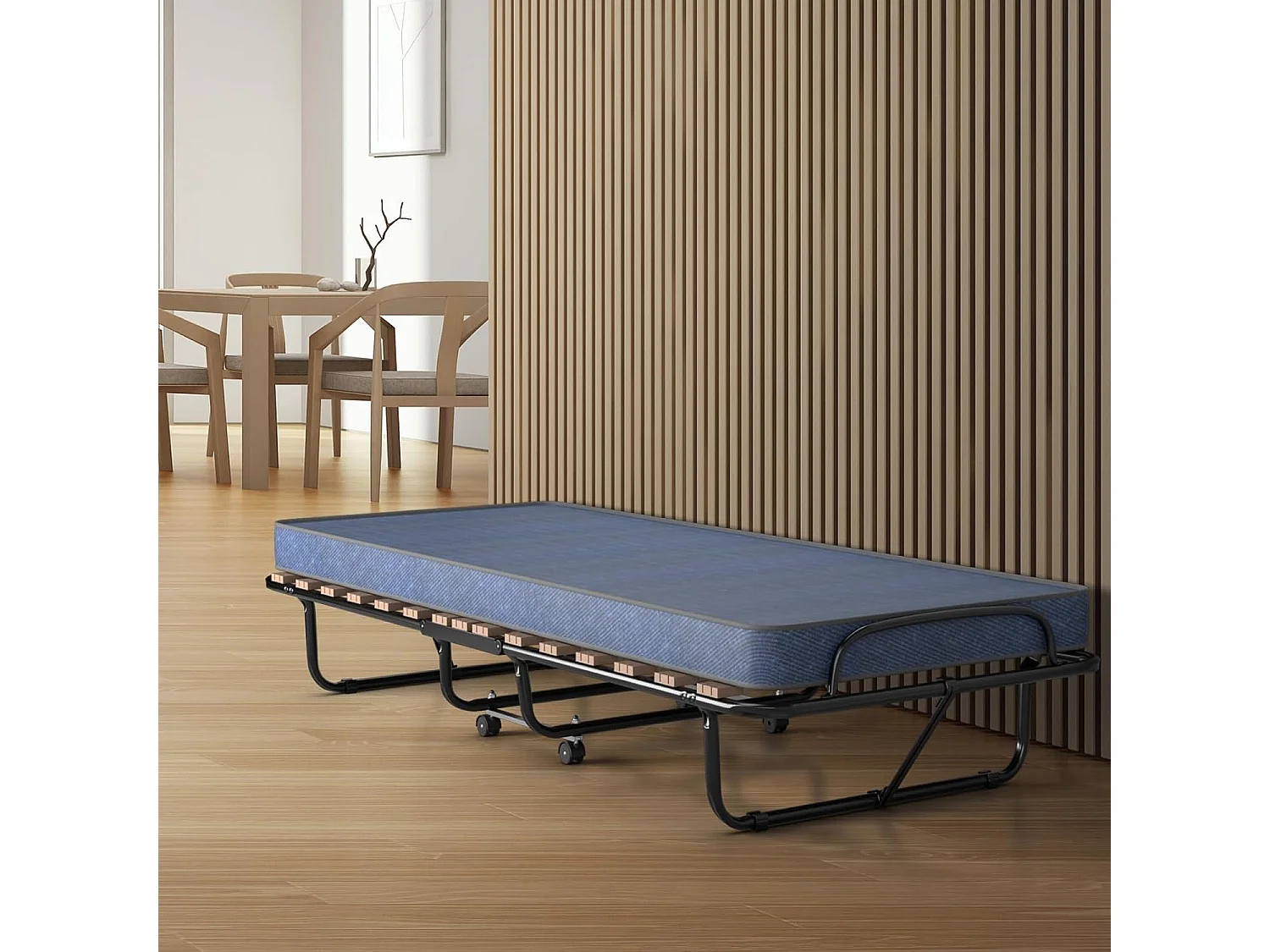 Gastenbed met matras, inklapbaar eenpersoonsbed, stabiel metalen bed, belastbaar tot 130 kg, klapbed op wielen,camping,draagbaar bed, 80 x 190 cm, blauwTI94021