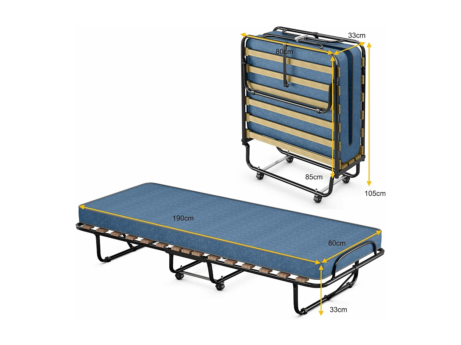 Gastenbed met matras, inklapbaar eenpersoonsbed, stabiel metalen bed, belastbaar tot 130 kg, klapbed op wielen,camping,draagbaar bed, 80 x 190 cm, blauwTI94021