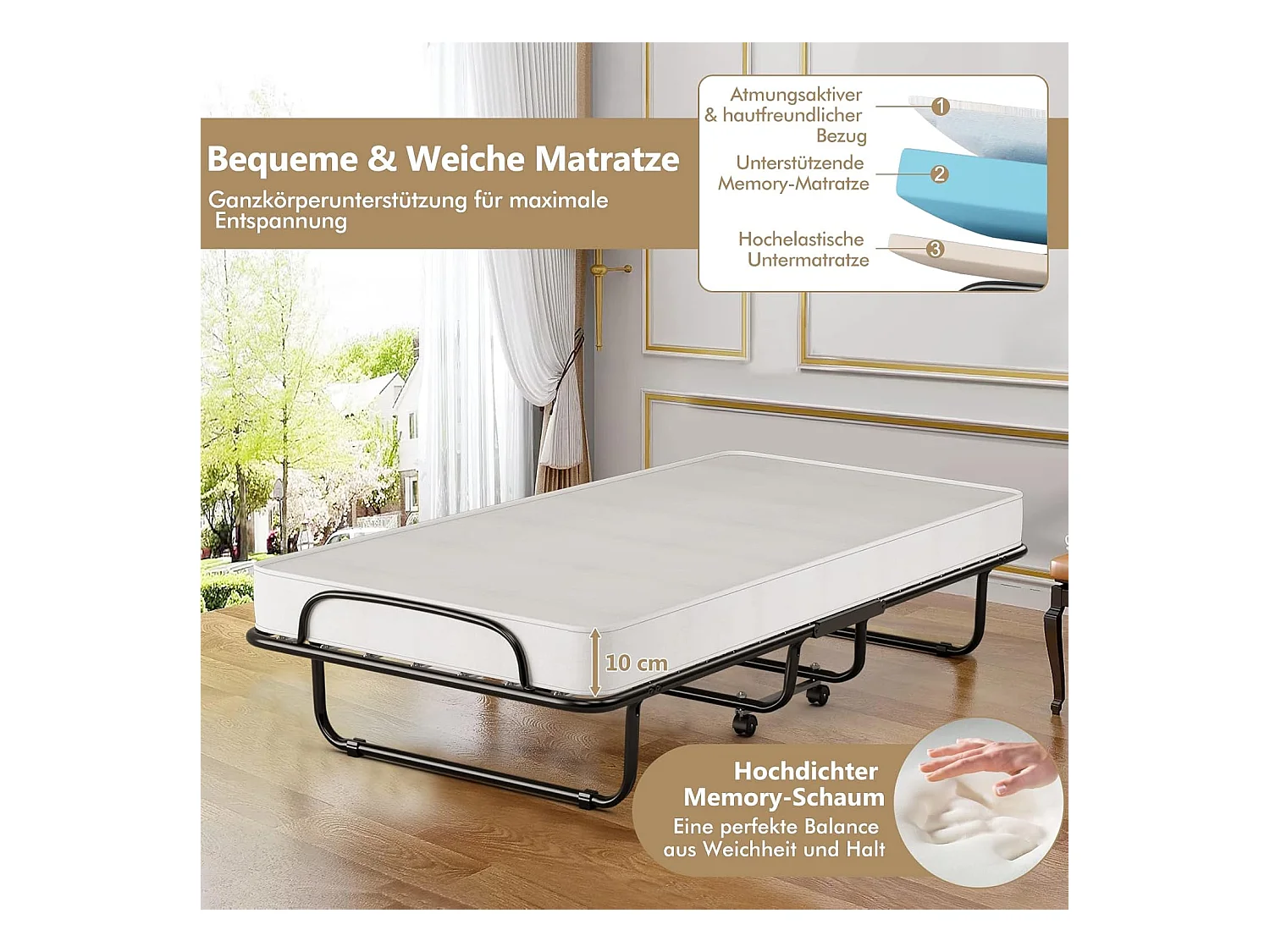 80 x 190 cm logeerbed, met 10 cm dik traagschuim, inklapbaar eenpersoonsbed, metalen bed tot 120 kg, vouwbed op wielen, vouwbed