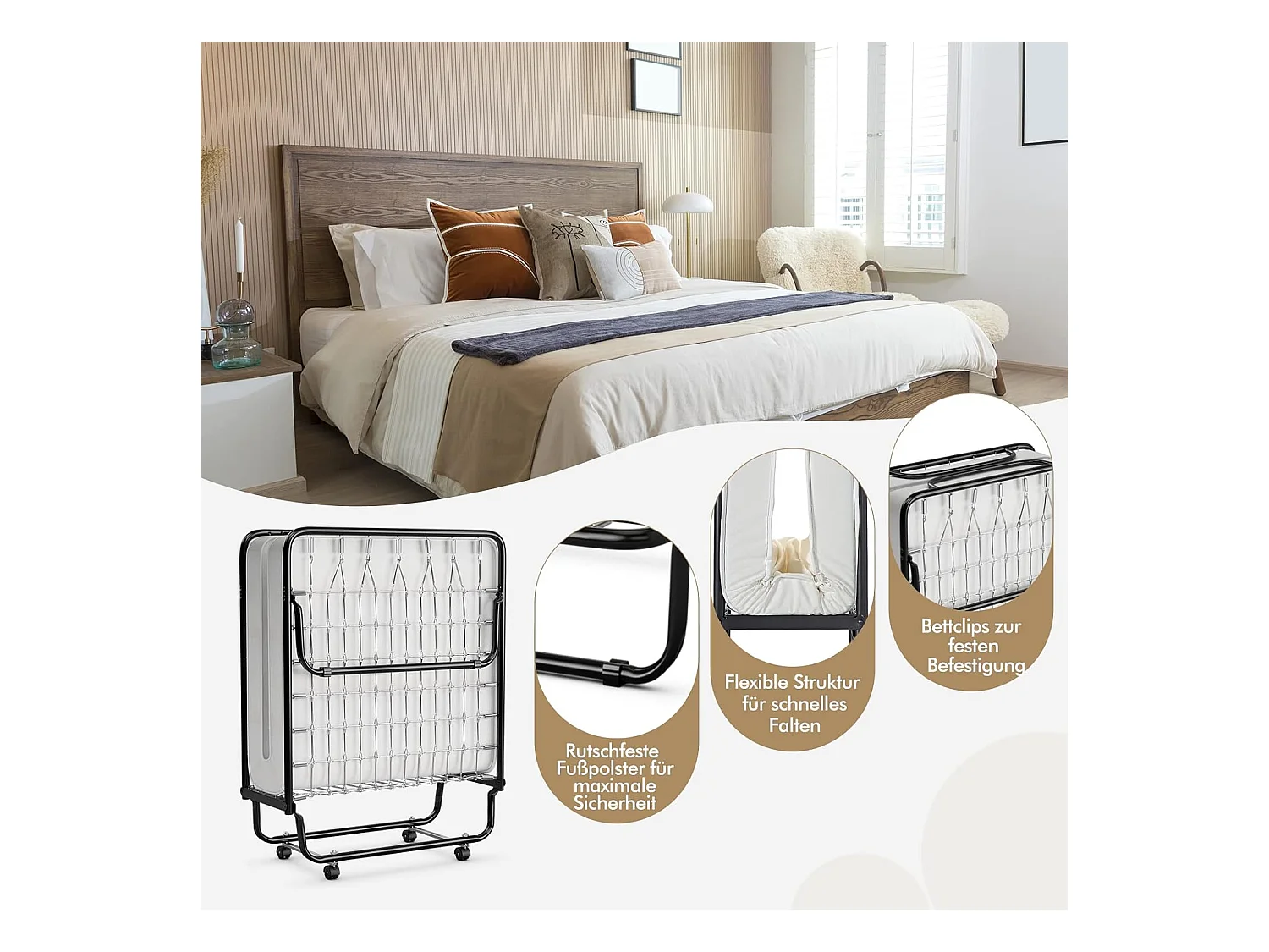 80 x 190 cm logeerbed, met 10 cm dik traagschuim, inklapbaar eenpersoonsbed, metalen bed tot 120 kg, vouwbed op wielen, vouwbed