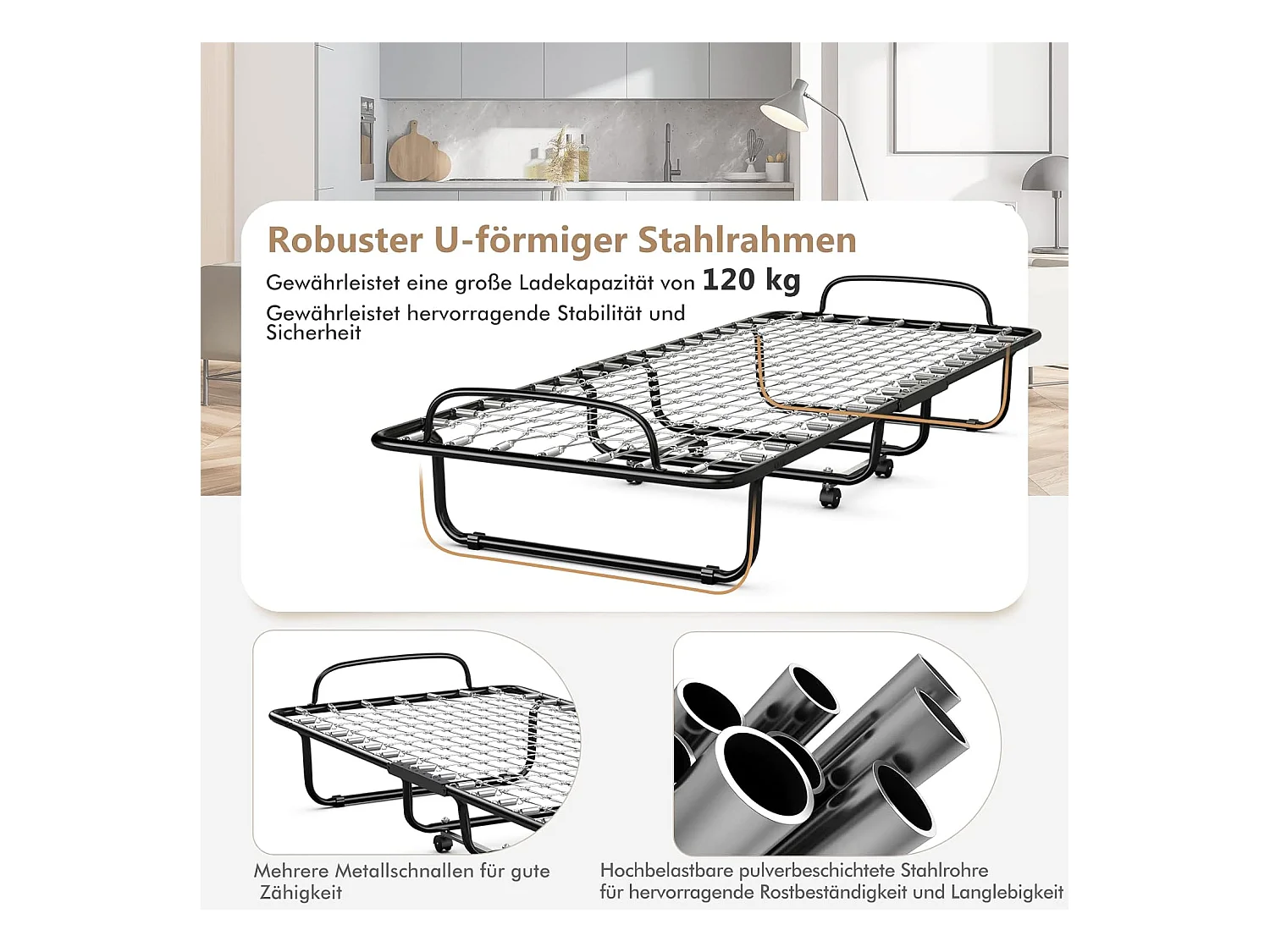80 x 190 cm logeerbed, met 10 cm dik traagschuim, inklapbaar eenpersoonsbed, metalen bed tot 120 kg, vouwbed op wielen, vouwbed