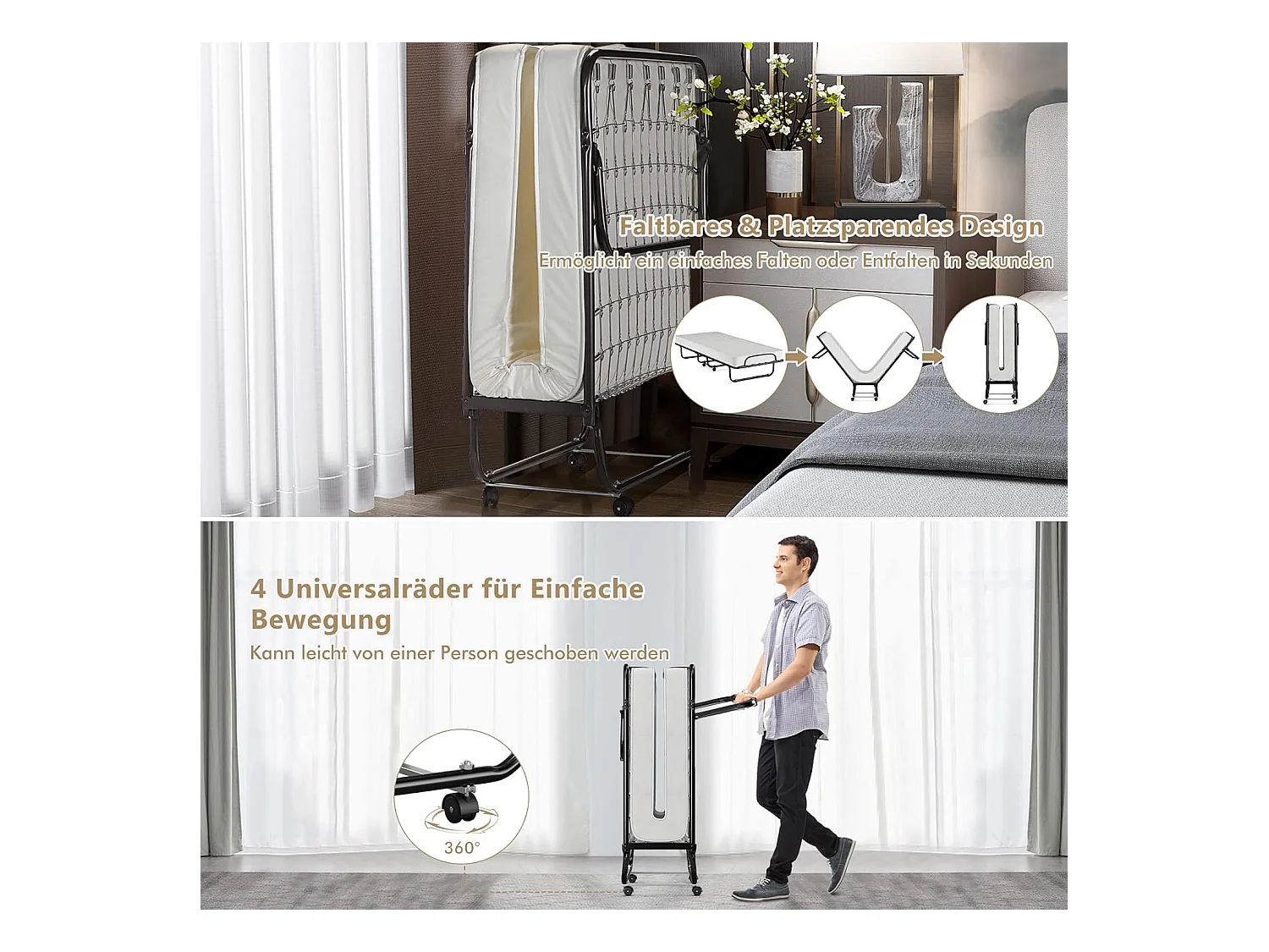 80 x 190 cm logeerbed, met 10 cm dik traagschuim, inklapbaar eenpersoonsbed, metalen bed tot 120 kg, vouwbed op wielen, vouwbed