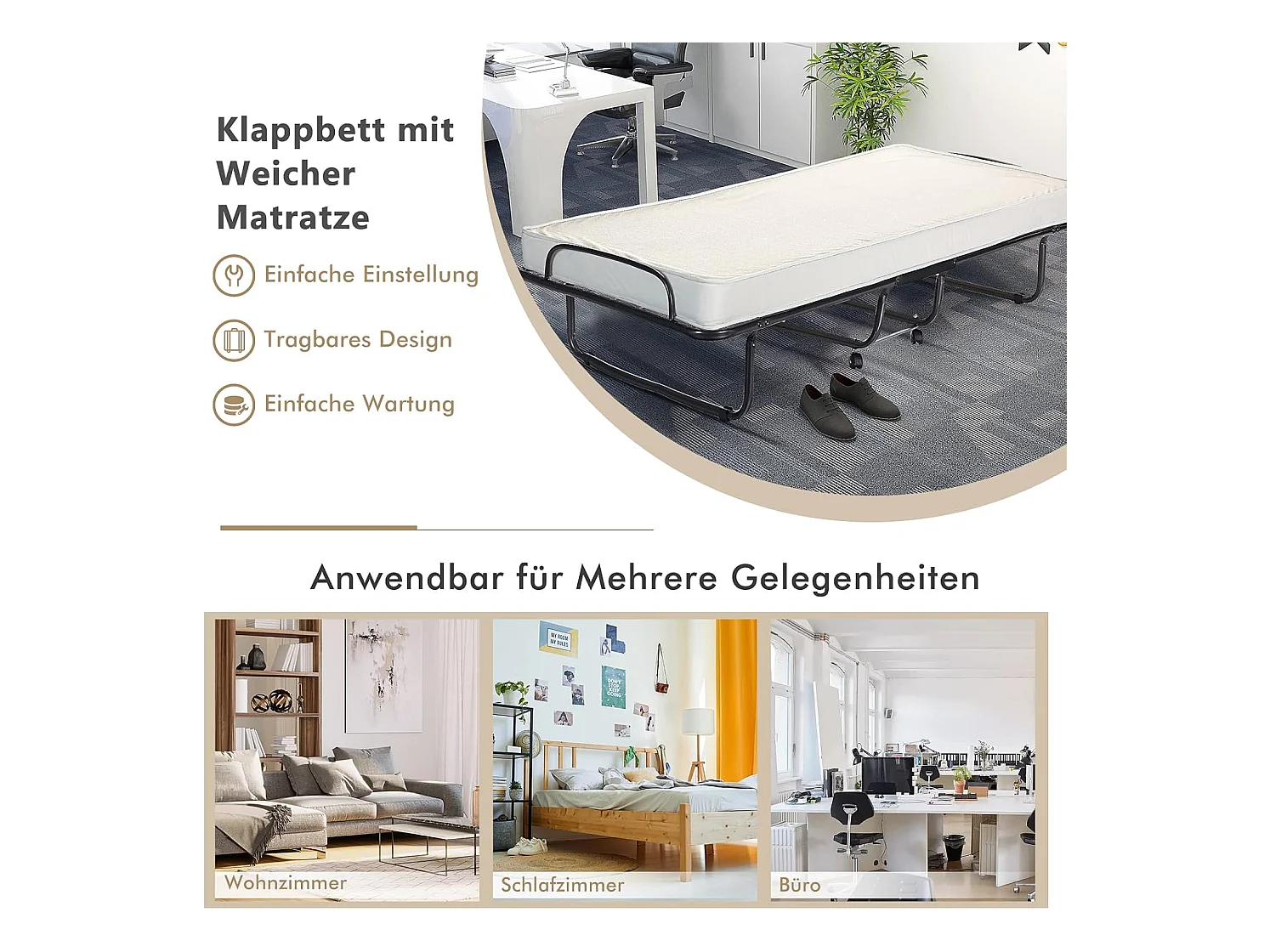 80 x 190 cm logeerbed, met 10 cm dik traagschuim, inklapbaar eenpersoonsbed, metalen bed tot 120 kg, vouwbed op wielen, vouwbed