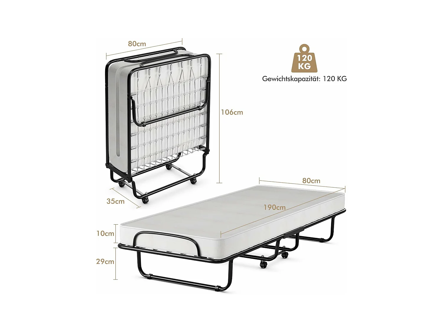 80 x 190 cm logeerbed, met 10 cm dik traagschuim, inklapbaar eenpersoonsbed, metalen bed tot 120 kg, vouwbed op wielen, vouwbed