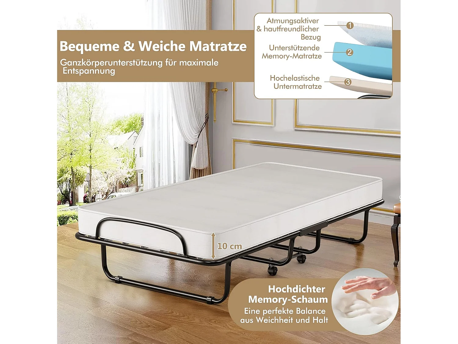 80 x 190 cm logeerbed, met 10 cm dik traagschuim, inklapbaar eenpersoonsbed, metalen bed tot 120 kg, vouwbed op wielen, vouwbed