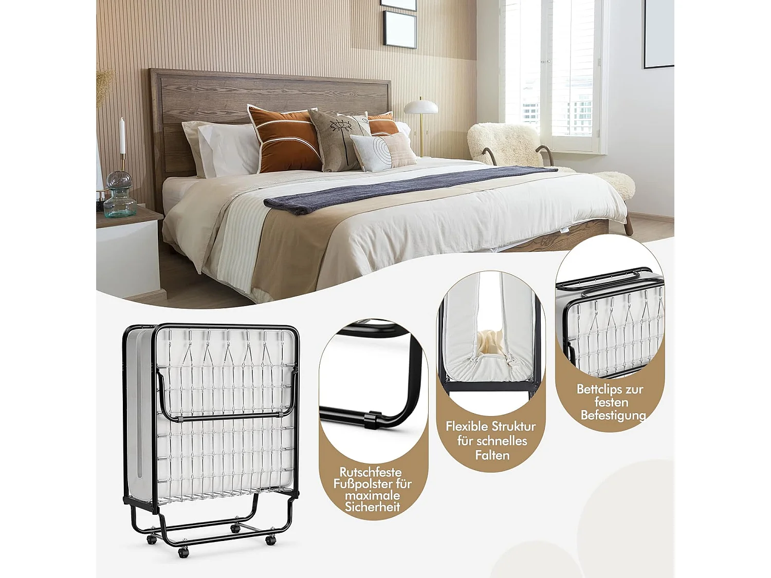 80 x 190 cm logeerbed, met 10 cm dik traagschuim, inklapbaar eenpersoonsbed, metalen bed tot 120 kg, vouwbed op wielen, vouwbed