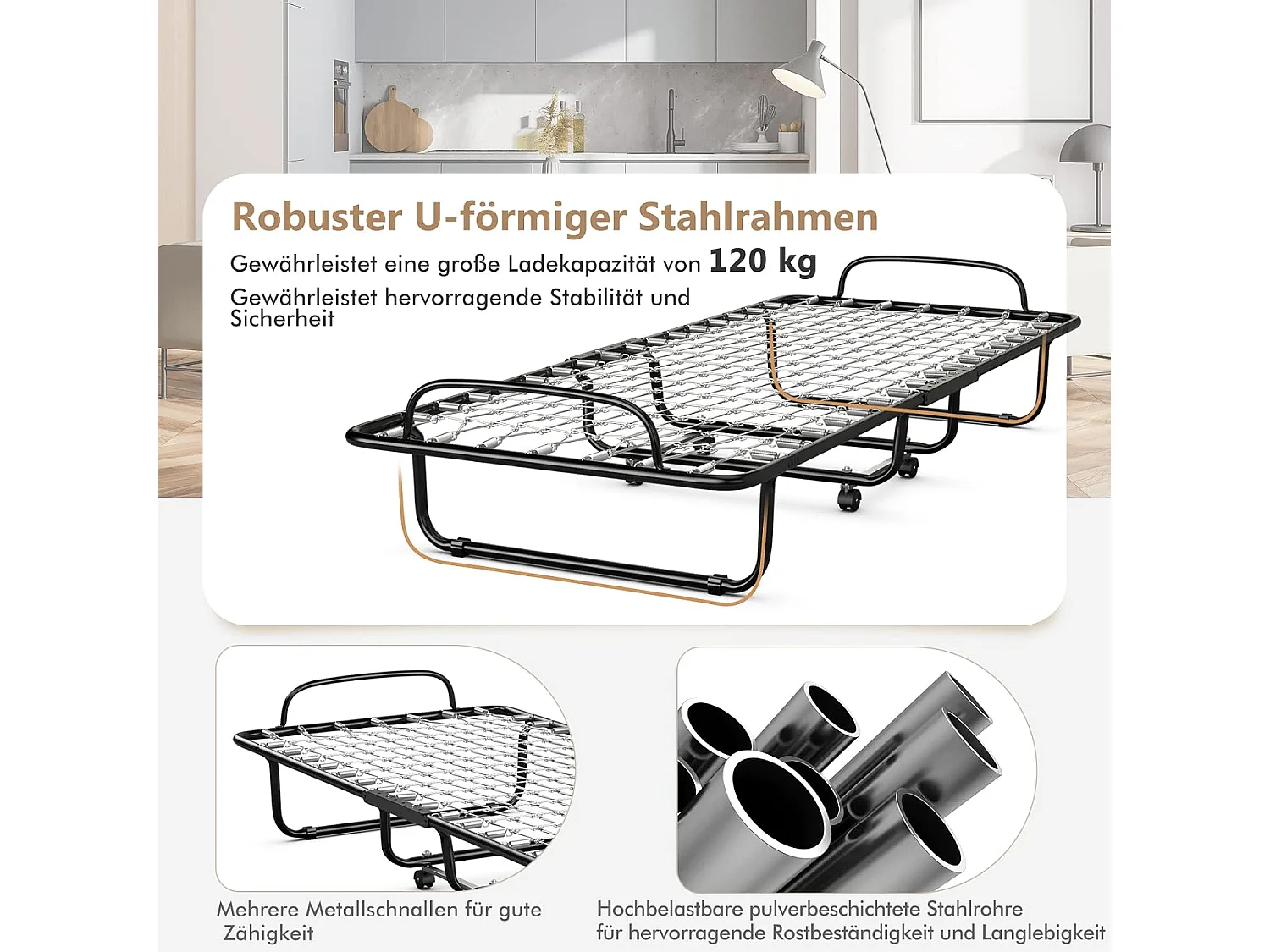 80 x 190 cm logeerbed, met 10 cm dik traagschuim, inklapbaar eenpersoonsbed, metalen bed tot 120 kg, vouwbed op wielen, vouwbed