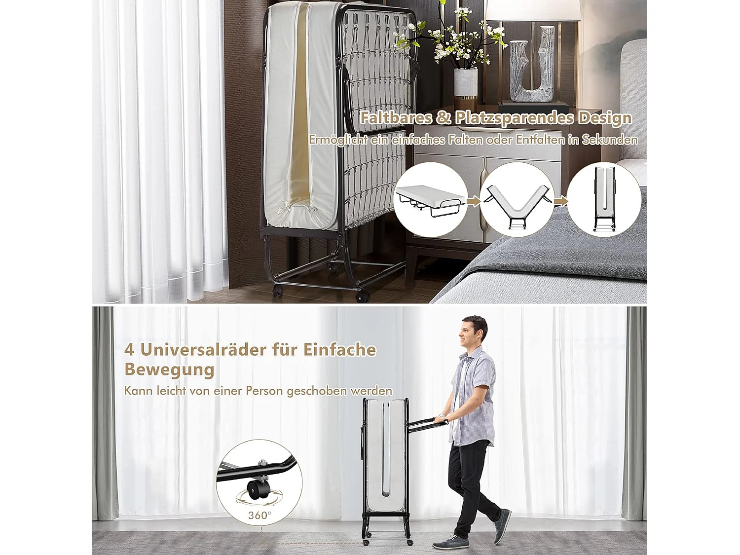 80 x 190 cm logeerbed, met 10 cm dik traagschuim, inklapbaar eenpersoonsbed, metalen bed tot 120 kg, vouwbed op wielen, vouwbed