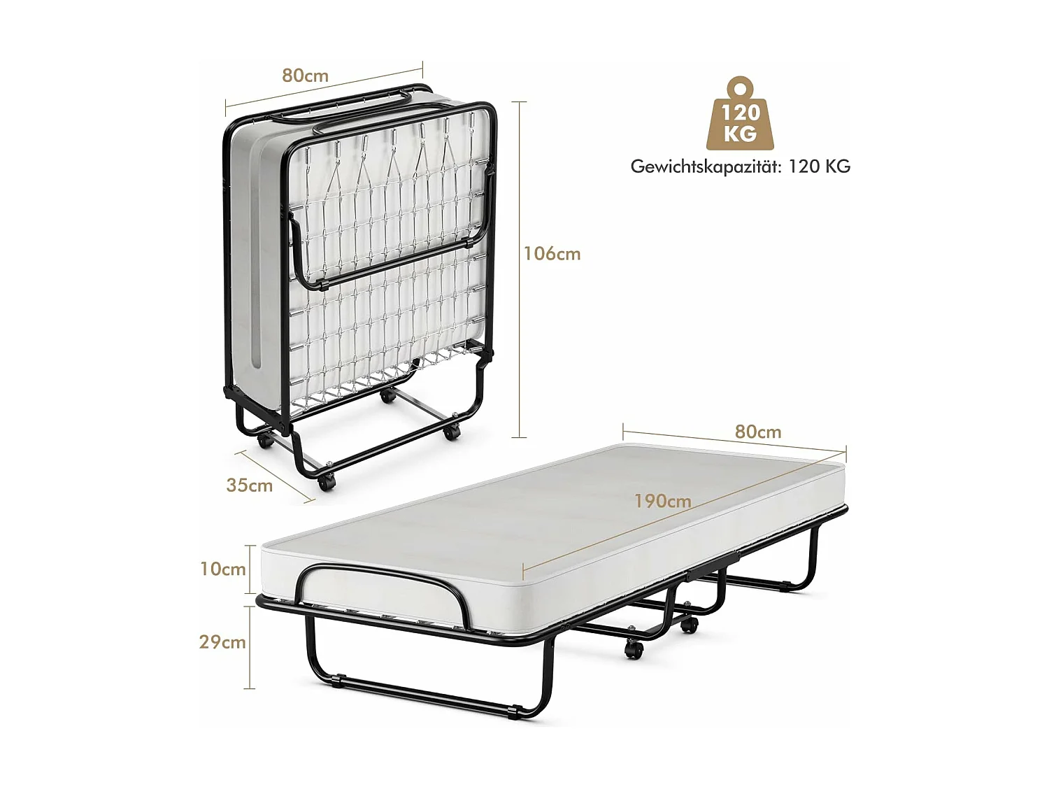 80 x 190 cm logeerbed, met 10 cm dik traagschuim, inklapbaar eenpersoonsbed, metalen bed tot 120 kg, vouwbed op wielen, vouwbed