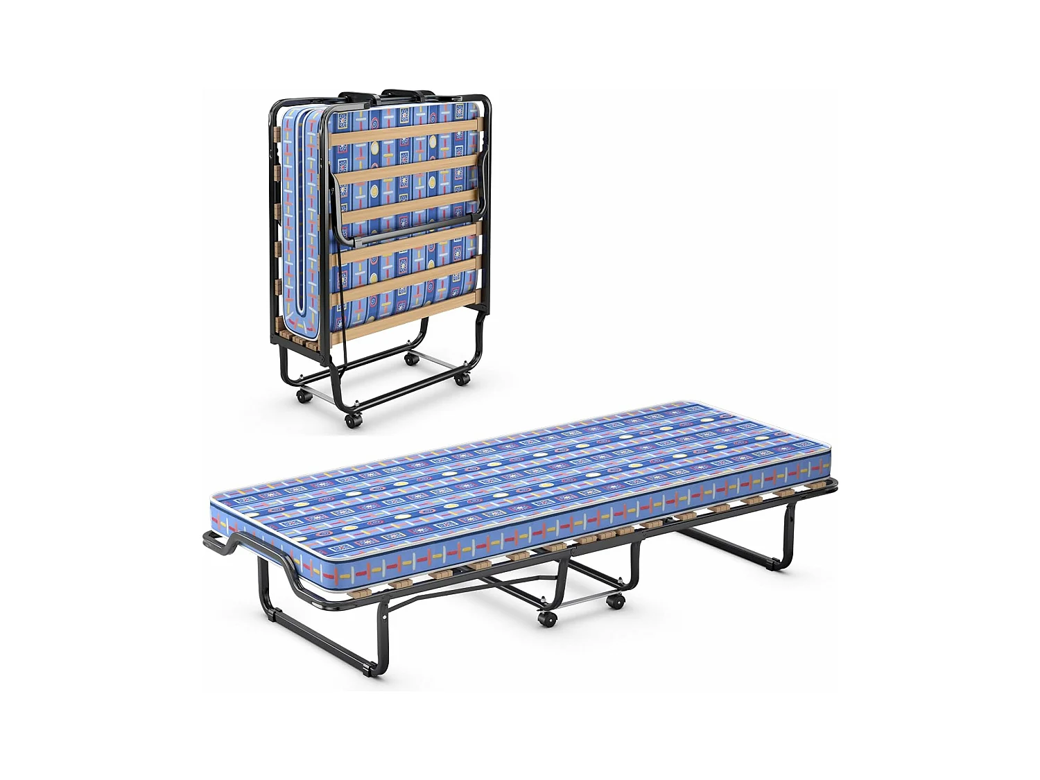 80 x 200 cm, logeerbed, inklapbaar, met matras van traagschuim, klapbed met stevig stalen frame, tot 120 kg, metalen bed op wielen, voor logeerkamer,blauwTI94034