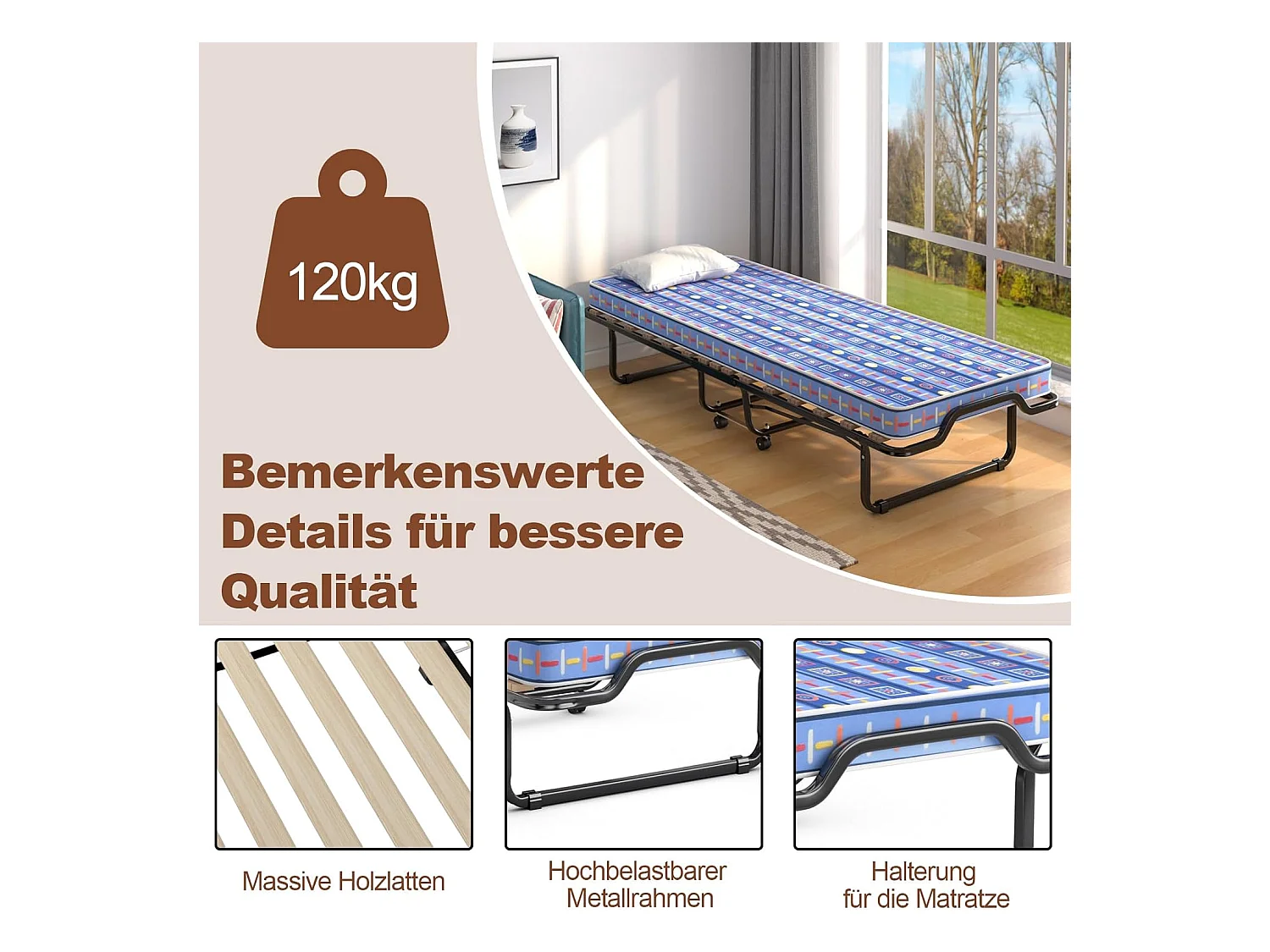 80 x 200 cm, logeerbed, inklapbaar, met matras van traagschuim, klapbed met stevig stalen frame, tot 120 kg, metalen bed op wielen, voor logeerkamer,blauwTI94034