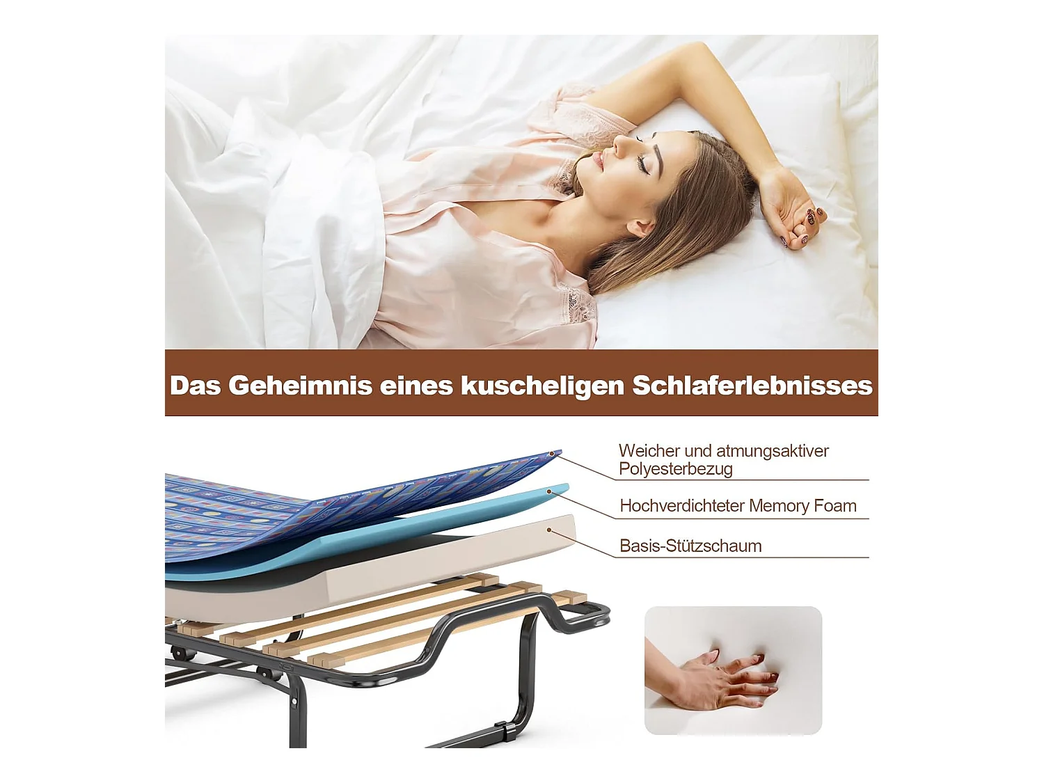 80 x 200 cm, logeerbed, inklapbaar, met matras van traagschuim, klapbed met stevig stalen frame, tot 120 kg, metalen bed op wielen, voor logeerkamer,blauwTI94034