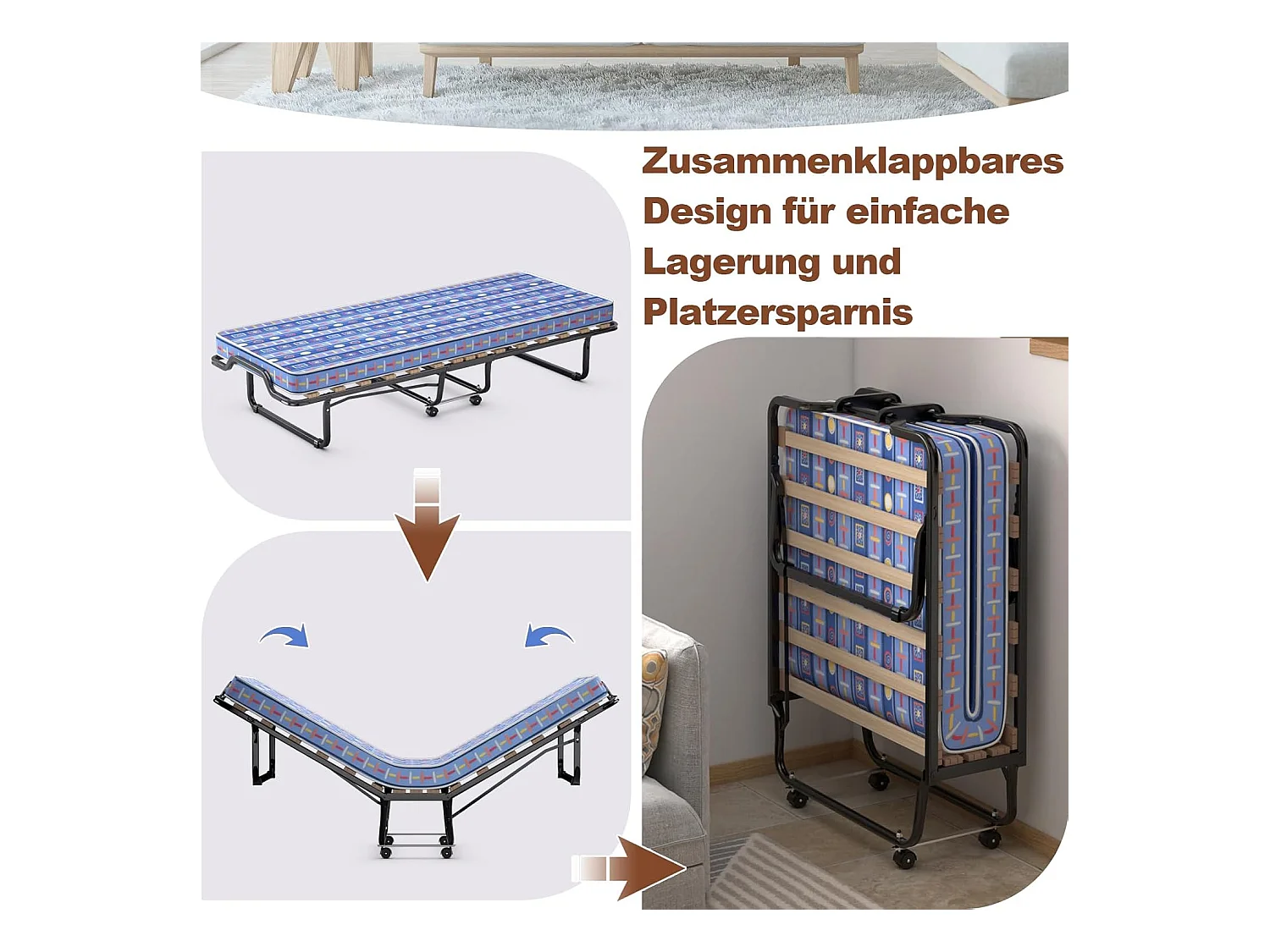 80 x 200 cm, logeerbed, inklapbaar, met matras van traagschuim, klapbed met stevig stalen frame, tot 120 kg, metalen bed op wielen, voor logeerkamer,blauwTI94034
