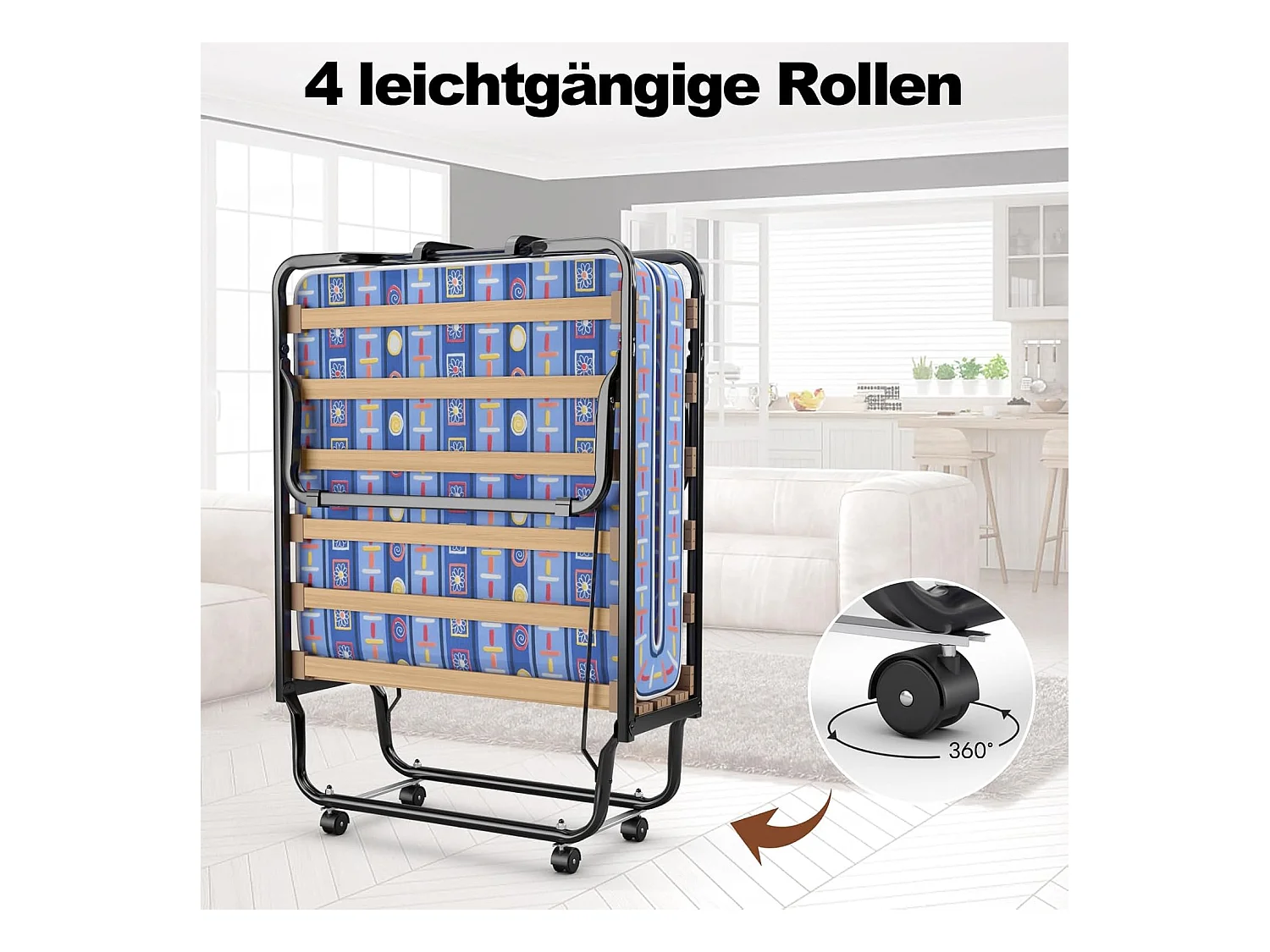 80 x 200 cm, logeerbed, inklapbaar, met matras van traagschuim, klapbed met stevig stalen frame, tot 120 kg, metalen bed op wielen, voor logeerkamer,blauwTI94034