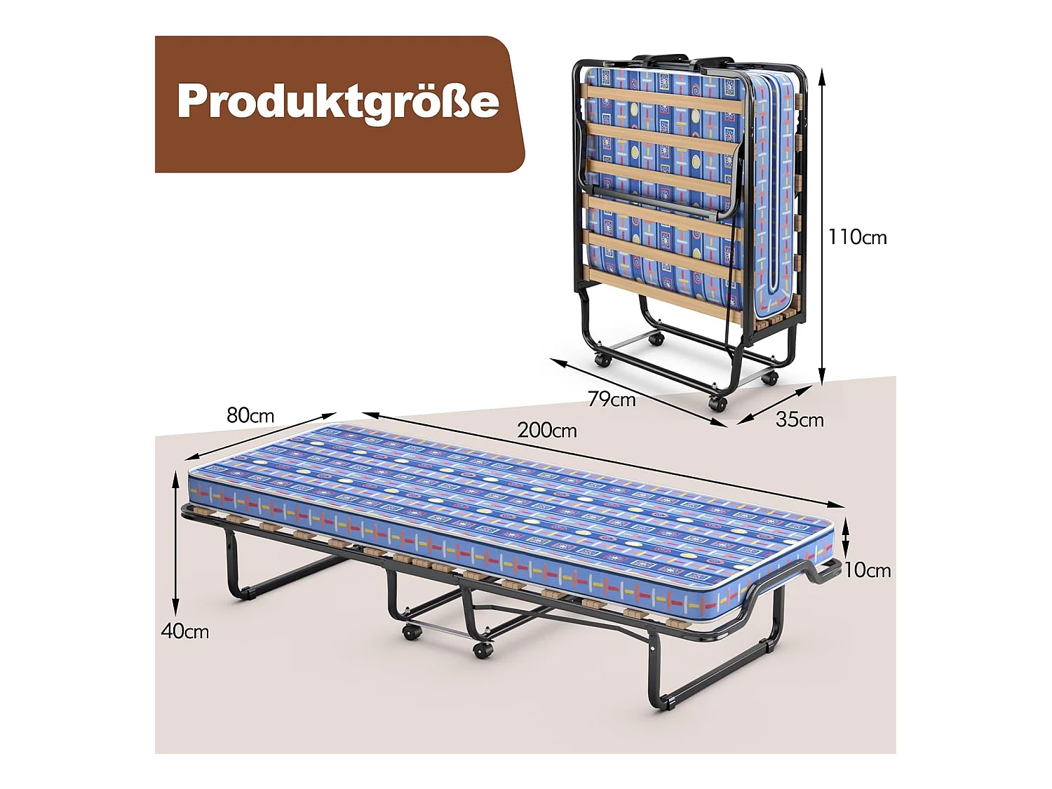 80 x 200 cm, logeerbed, inklapbaar, met matras van traagschuim, klapbed met stevig stalen frame, tot 120 kg, metalen bed op wielen, voor logeerkamer,blauwTI94034