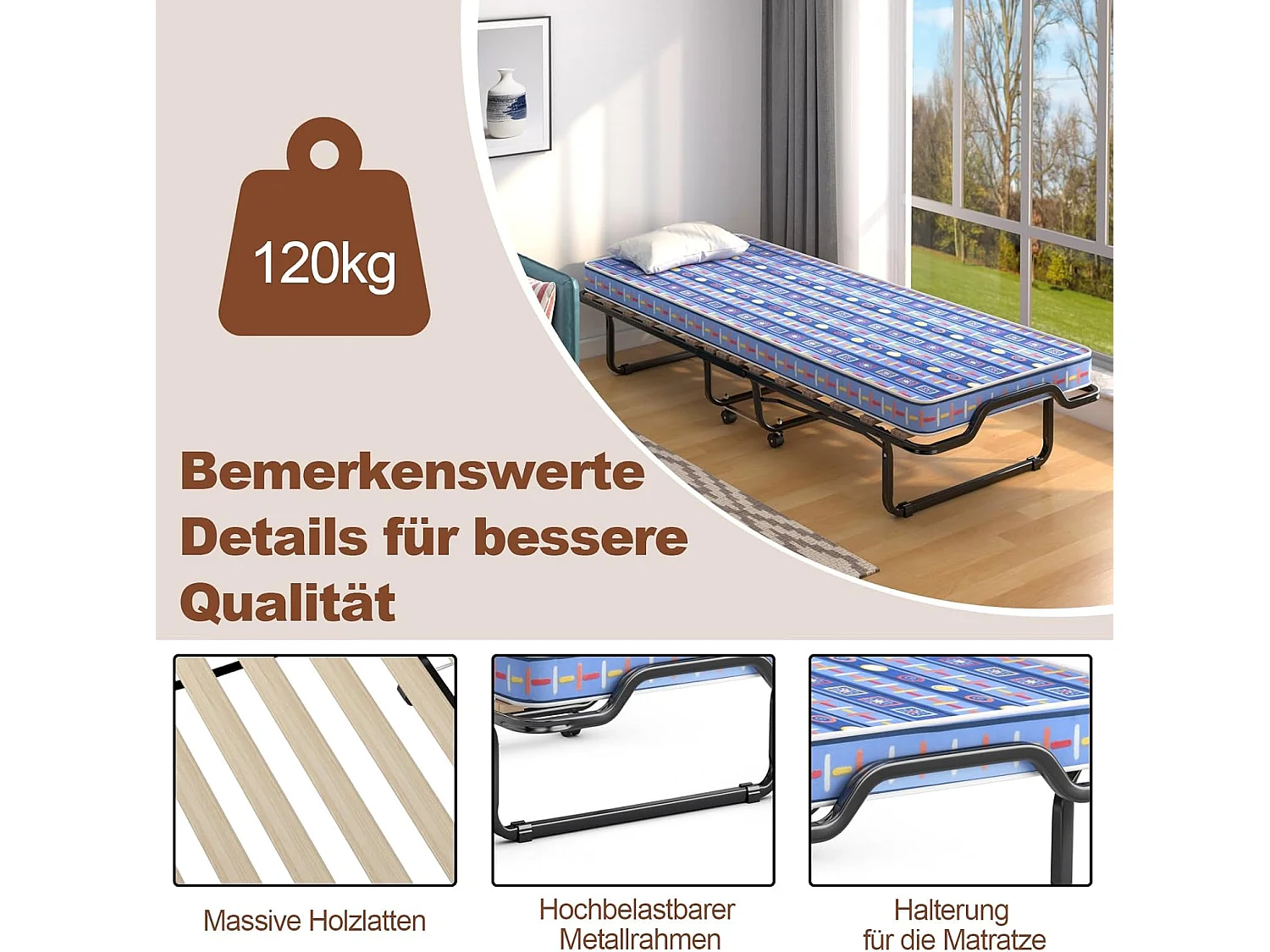 80 x 200 cm, logeerbed, inklapbaar, met matras van traagschuim, klapbed met stevig stalen frame, tot 120 kg, metalen bed op wielen, voor logeerkamer,blauwTI94034
