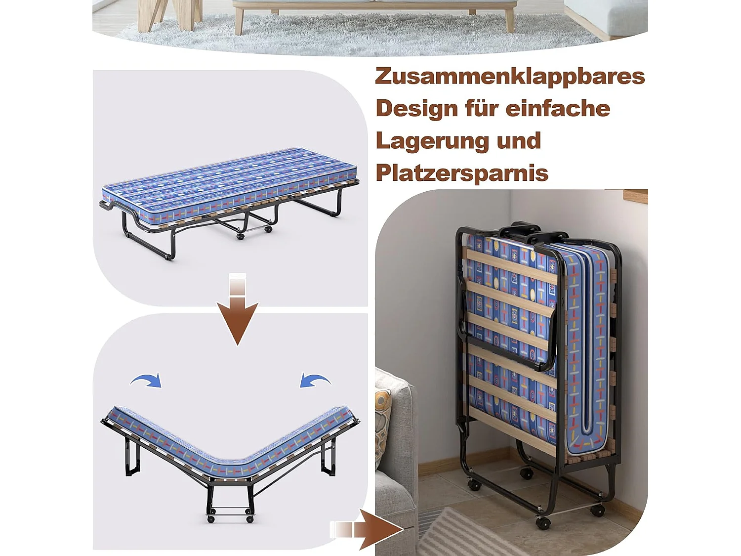 80 x 200 cm, logeerbed, inklapbaar, met matras van traagschuim, klapbed met stevig stalen frame, tot 120 kg, metalen bed op wielen, voor logeerkamer,blauwTI94034