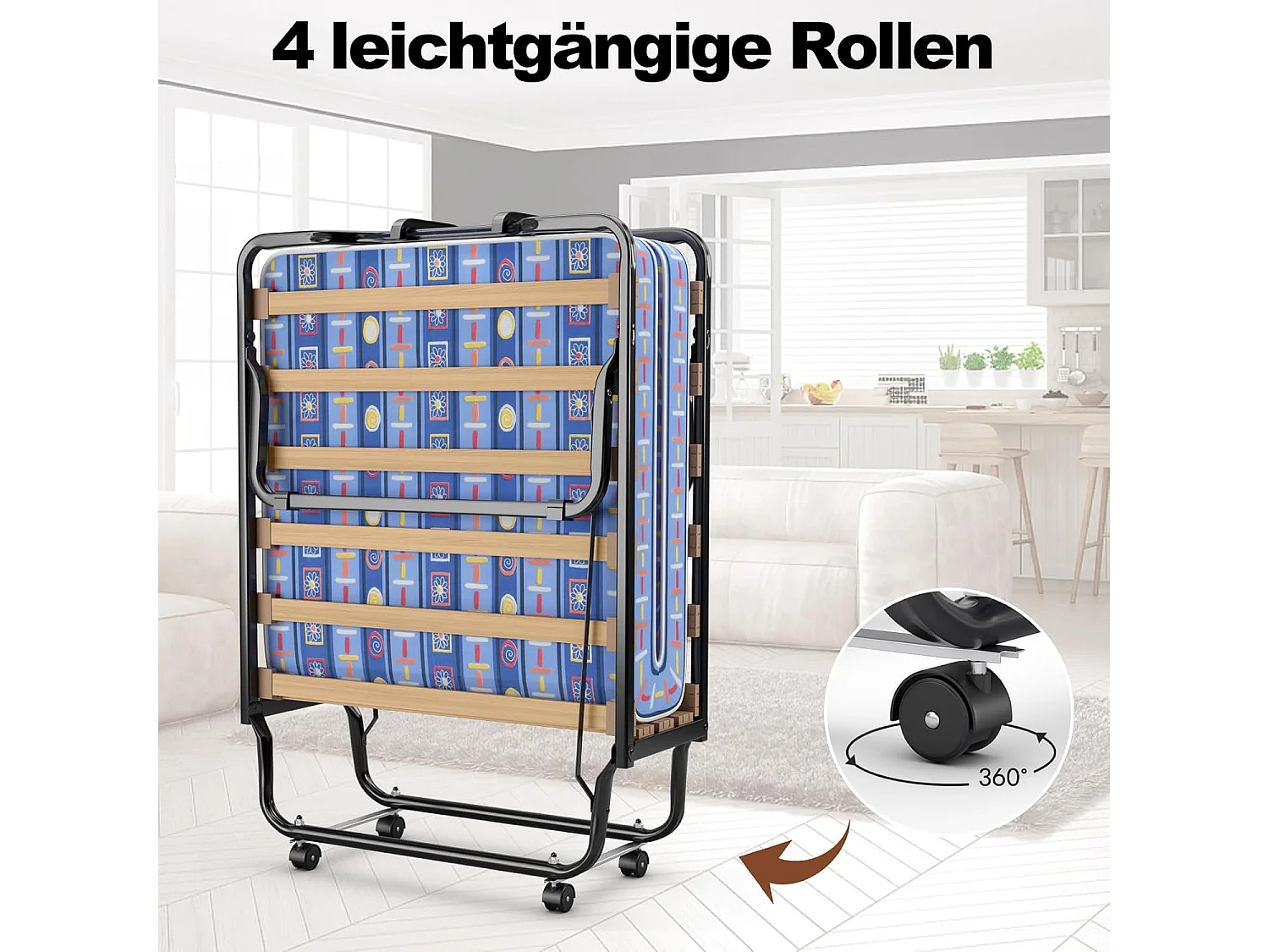 80 x 200 cm, logeerbed, inklapbaar, met matras van traagschuim, klapbed met stevig stalen frame, tot 120 kg, metalen bed op wielen, voor logeerkamer,blauwTI94034