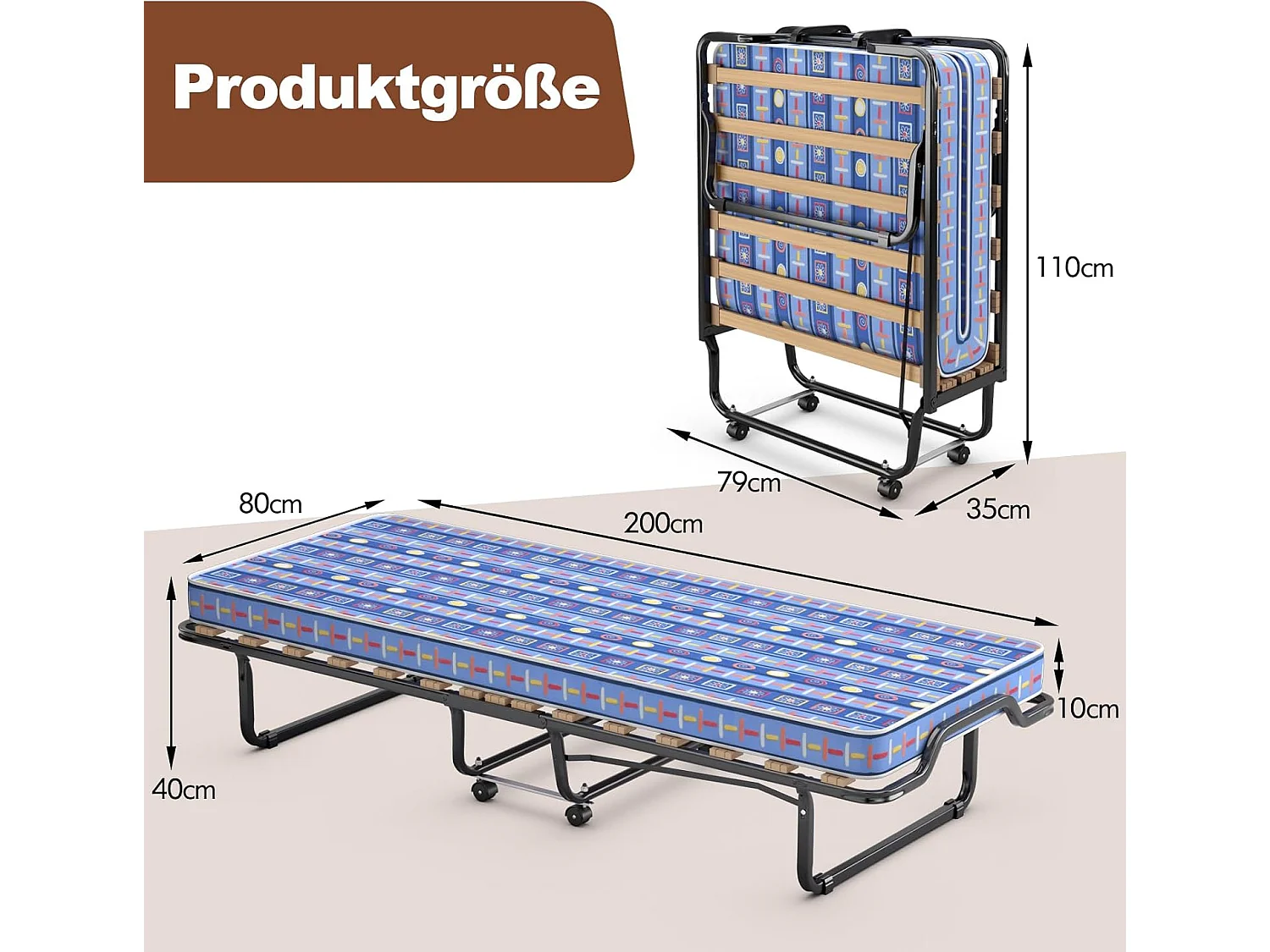 80 x 200 cm, logeerbed, inklapbaar, met matras van traagschuim, klapbed met stevig stalen frame, tot 120 kg, metalen bed op wielen, voor logeerkamer,blauwTI94034