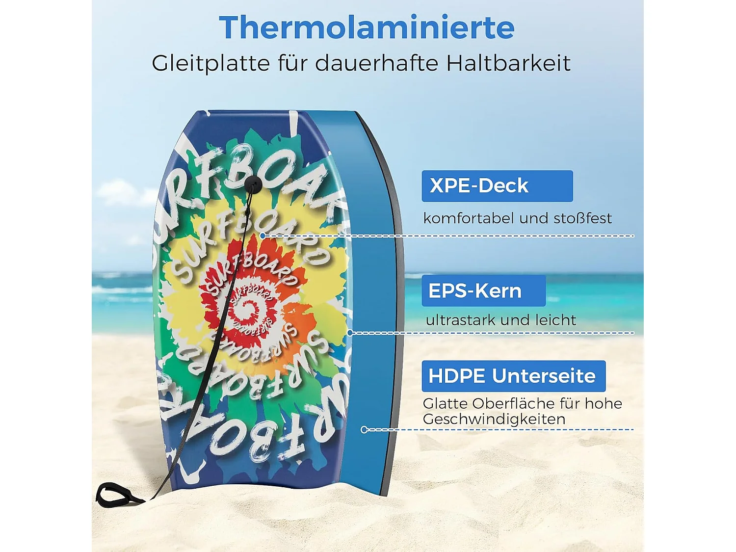 Bodyboard voor kinderen, surfplank met EPS-kern, XPE-dek, HDPE-onderkant en polsband, surfboard, body board