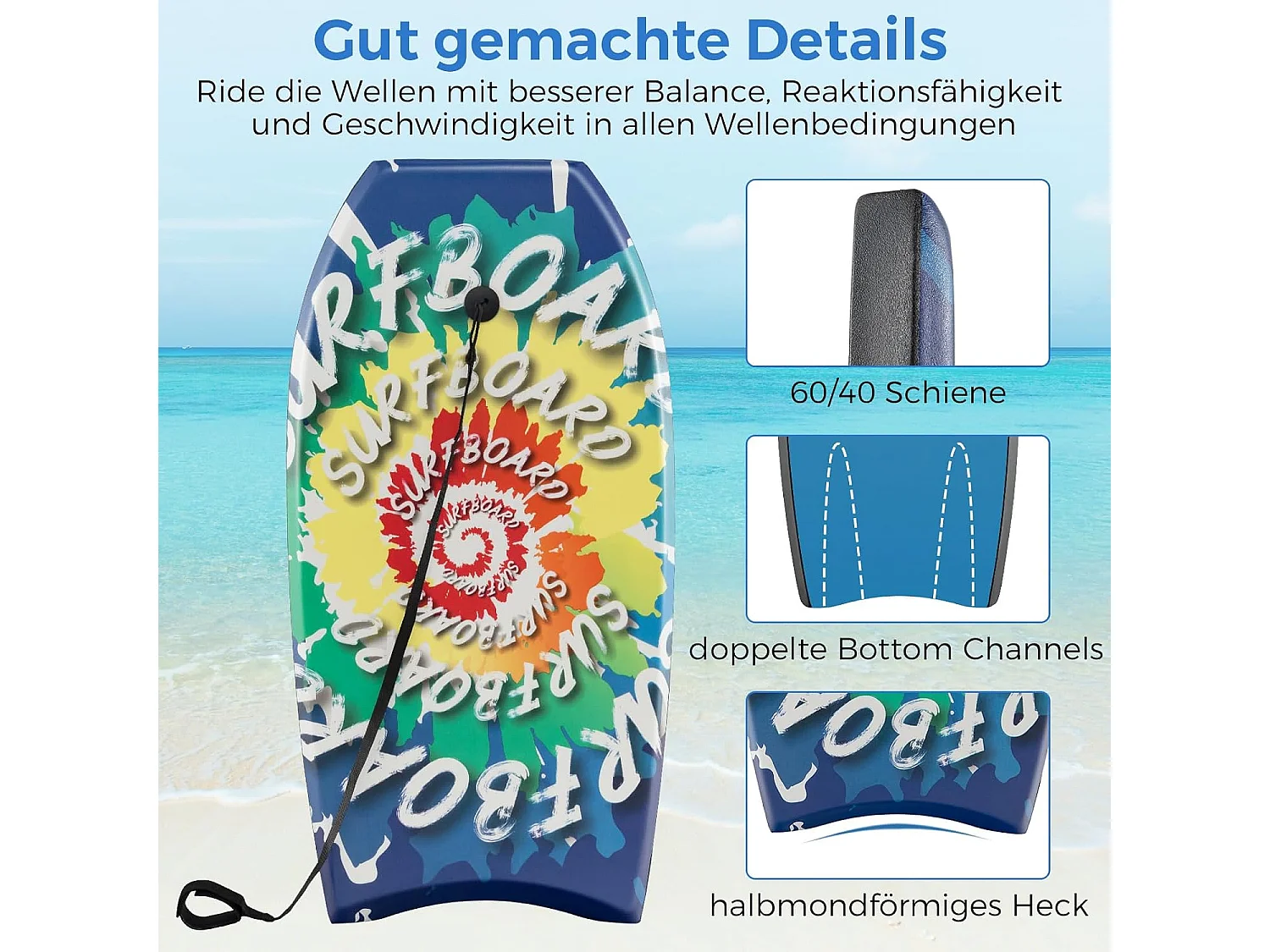 Bodyboard voor kinderen, surfplank met EPS-kern, XPE-dek, HDPE-onderkant en polsband, surfboard, body board