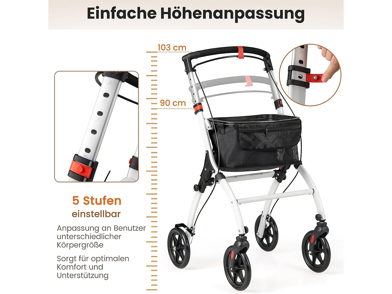 Rollator smal voor woning,indoor huisrollator, opvouwbaar en licht, incl.mand,5-voudig in hoogte verstelbaar, loophulp voor senioren,gewonden,wit en zwart VT32245