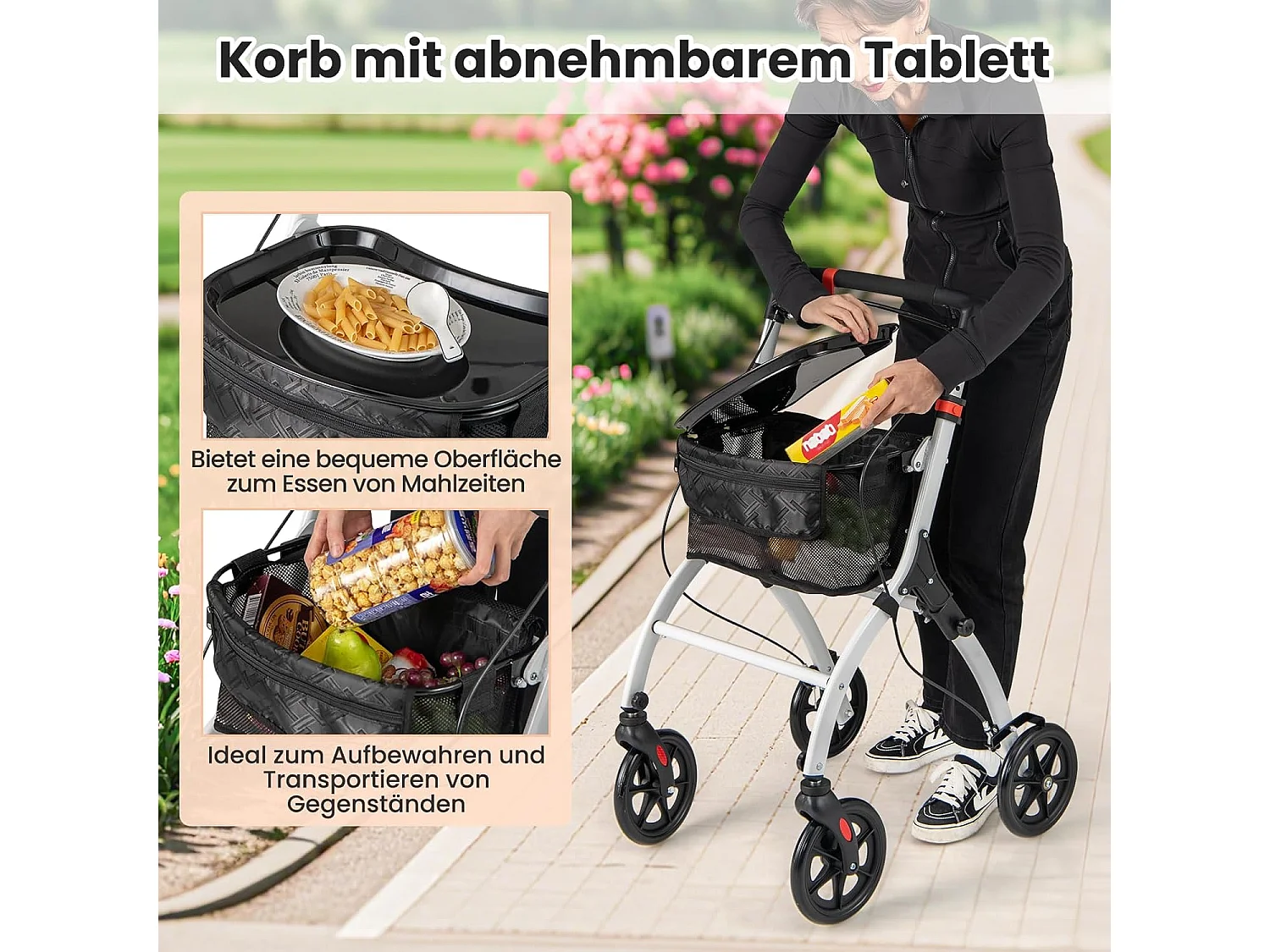 Rollator smal voor woning,indoor huisrollator, opvouwbaar en licht, incl.mand,5-voudig in hoogte verstelbaar, loophulp voor senioren,gewonden,wit en zwart VT32245