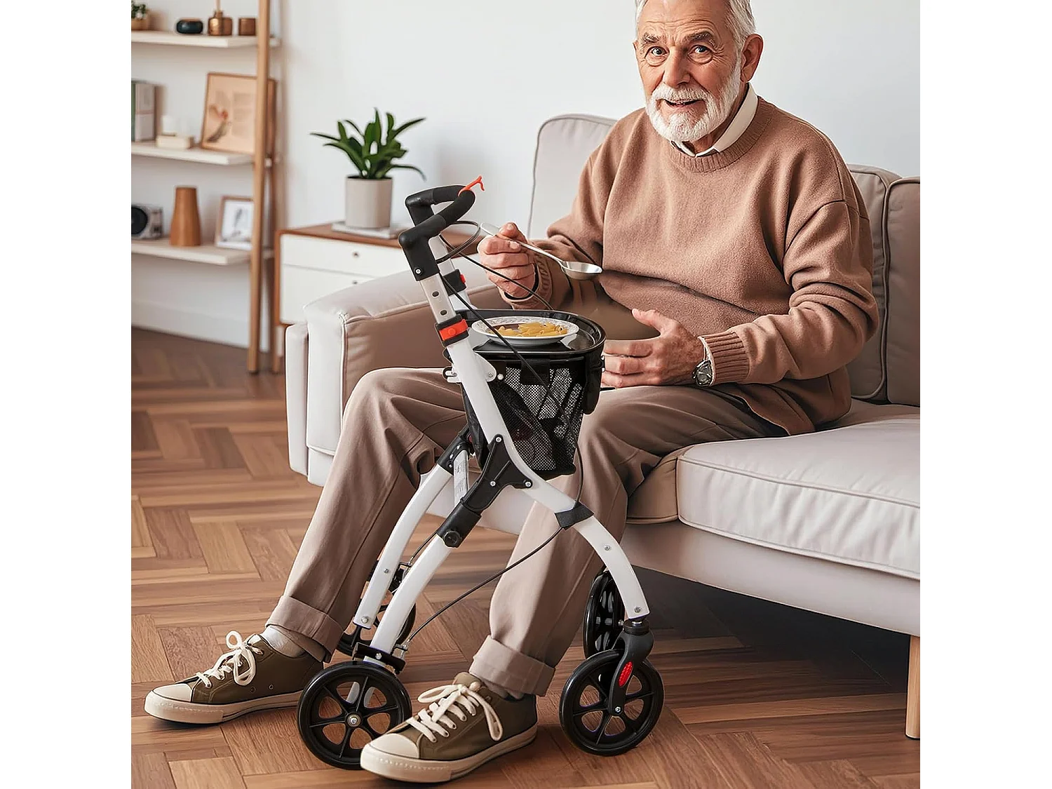 Rollator smal voor woning,indoor huisrollator, opvouwbaar en licht, incl.mand,5-voudig in hoogte verstelbaar, loophulp voor senioren,gewonden,wit en zwart VT32245