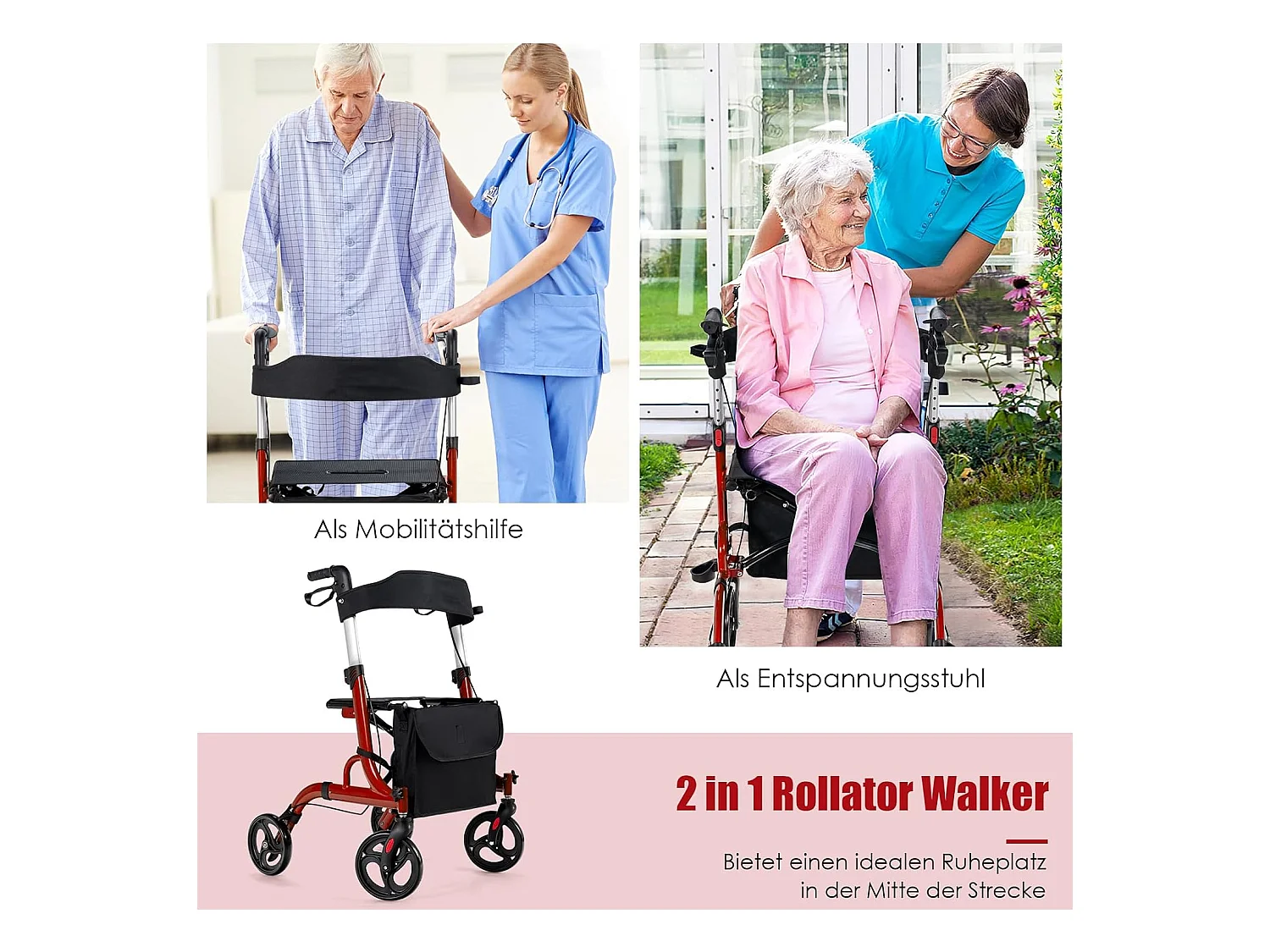 Rollator opvouwbaar en licht, met zitting, 2-in-1 ruststoel en reis-ollator,6-voudig in hoogte verstelbaar,stokhouder en 2 remmen, aluminiumlegering (rood)VT32229