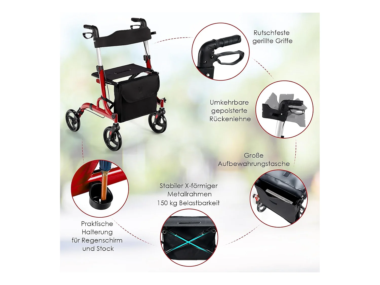 Rollator opvouwbaar en licht, met zitting, 2-in-1 ruststoel en reis-ollator,6-voudig in hoogte verstelbaar,stokhouder en 2 remmen, aluminiumlegering (rood)VT32229