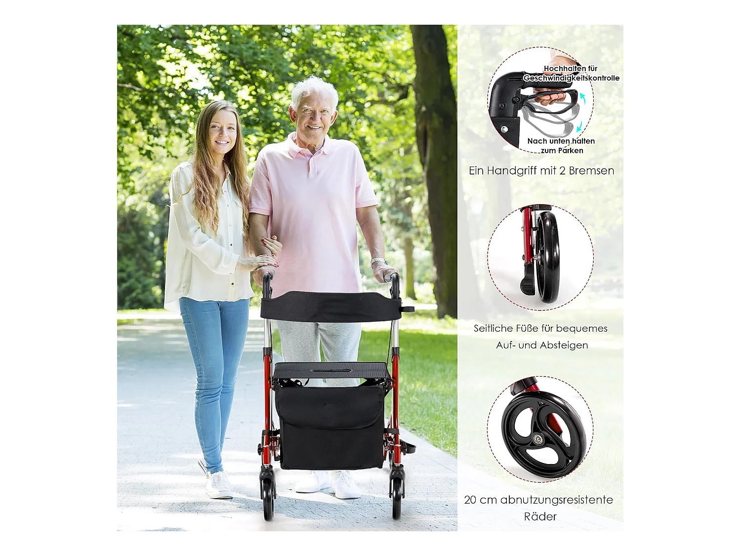 Rollator opvouwbaar en licht, met zitting, 2-in-1 ruststoel en reis-ollator,6-voudig in hoogte verstelbaar,stokhouder en 2 remmen, aluminiumlegering (rood)VT32229