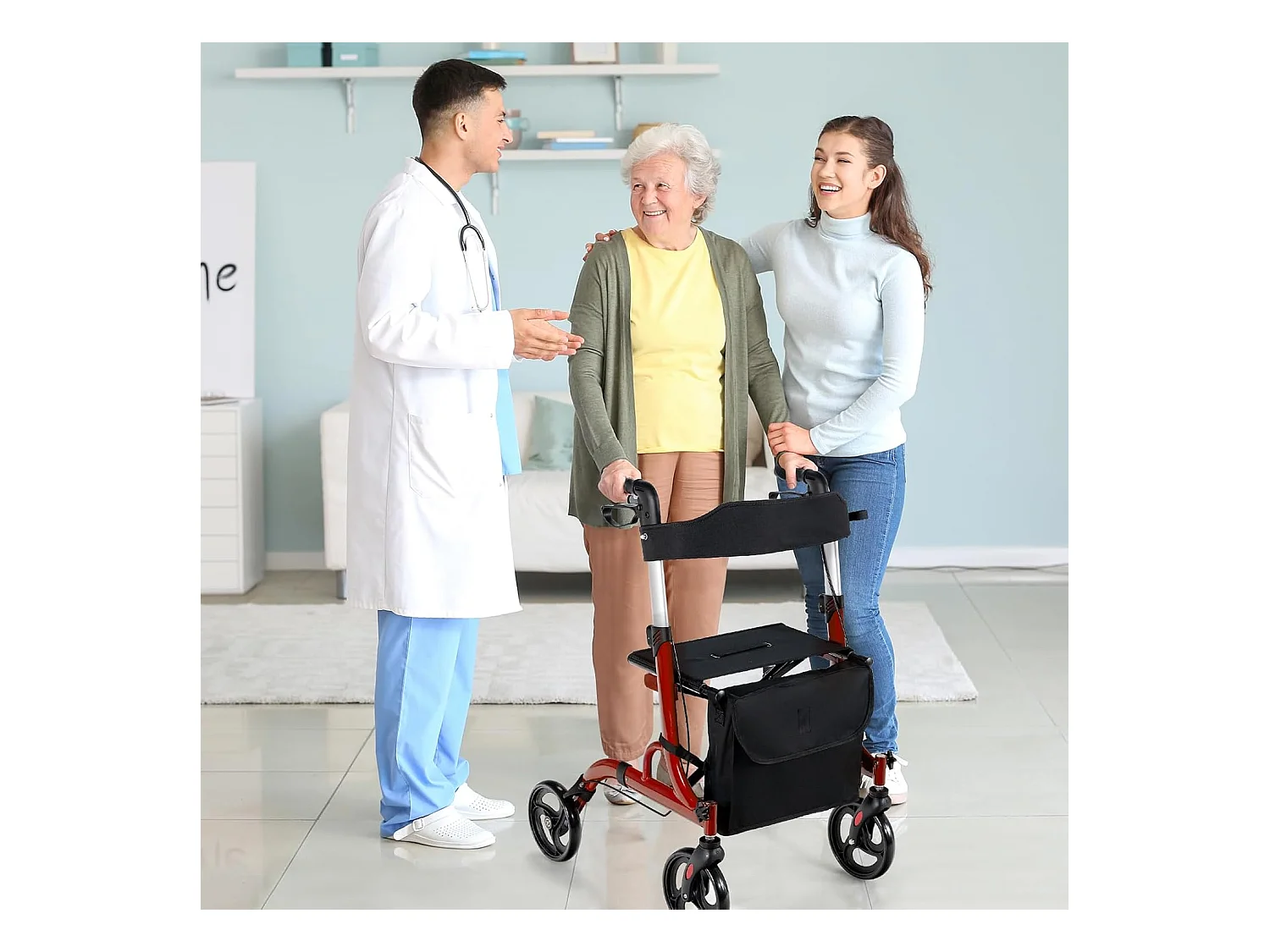 Rollator opvouwbaar en licht, met zitting, 2-in-1 ruststoel en reis-ollator,6-voudig in hoogte verstelbaar,stokhouder en 2 remmen, aluminiumlegering (rood)VT32229