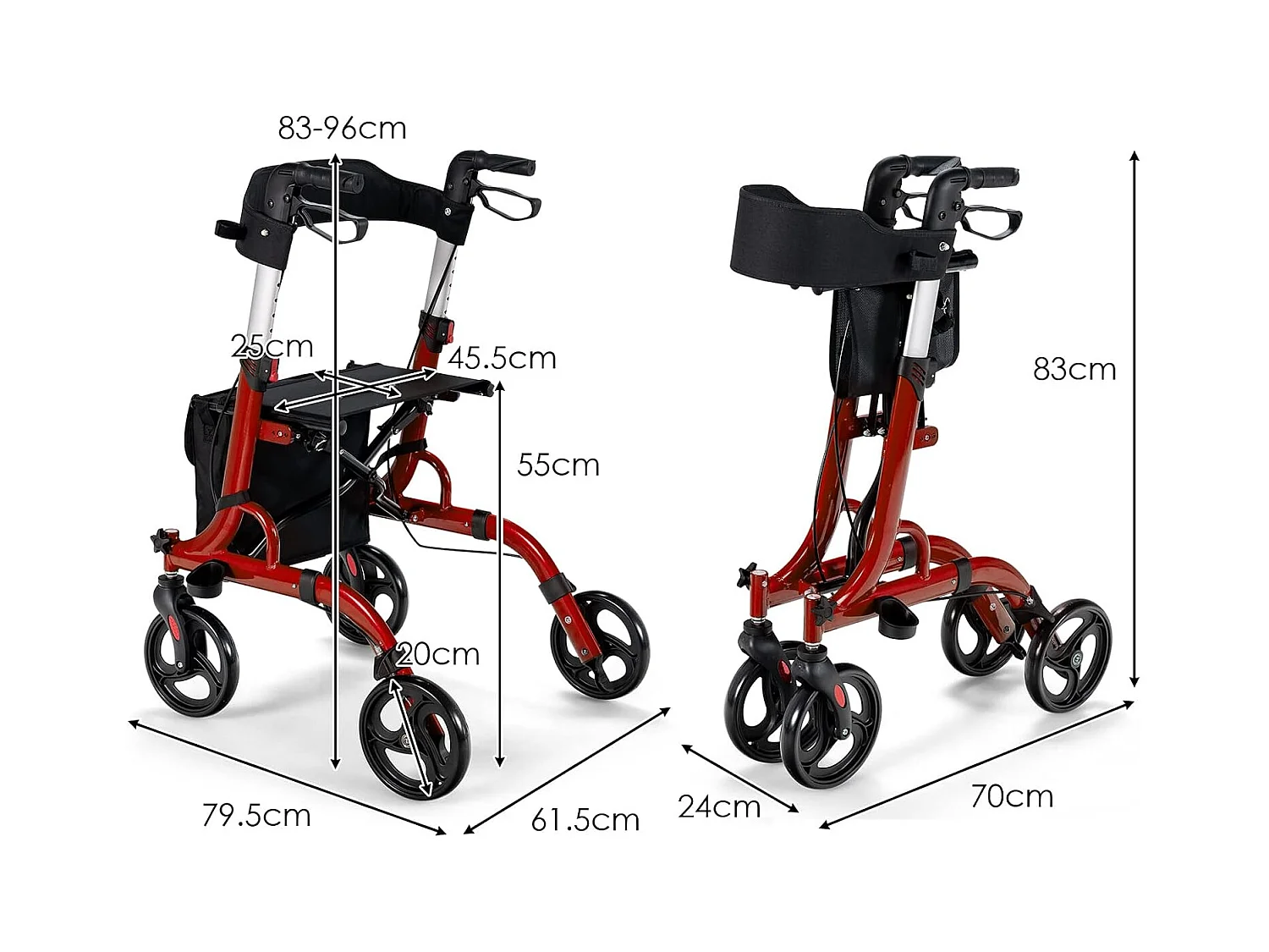 Rollator opvouwbaar en licht, met zitting, 2-in-1 ruststoel en reis-ollator,6-voudig in hoogte verstelbaar,stokhouder en 2 remmen, aluminiumlegering (rood)VT32229