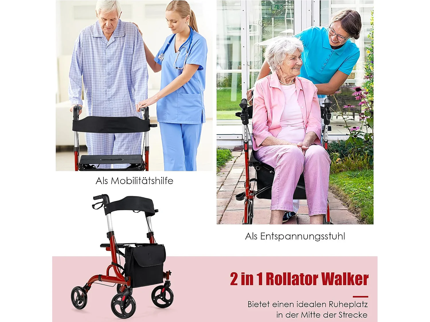 Rollator opvouwbaar en licht, met zitting, 2-in-1 ruststoel en reis-ollator,6-voudig in hoogte verstelbaar,stokhouder en 2 remmen, aluminiumlegering (rood)VT32229