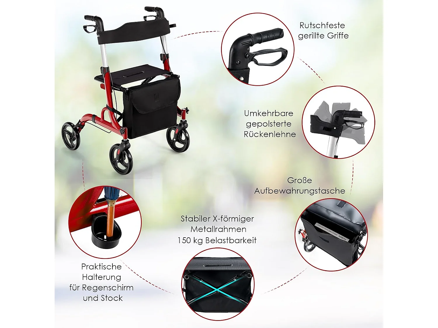 Rollator opvouwbaar en licht, met zitting, 2-in-1 ruststoel en reis-ollator,6-voudig in hoogte verstelbaar,stokhouder en 2 remmen, aluminiumlegering (rood)VT32229