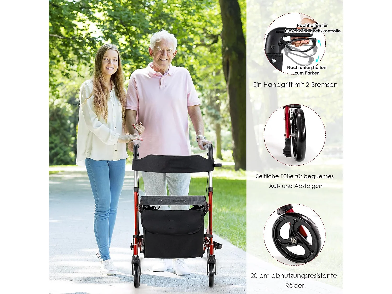 Rollator opvouwbaar en licht, met zitting, 2-in-1 ruststoel en reis-ollator,6-voudig in hoogte verstelbaar,stokhouder en 2 remmen, aluminiumlegering (rood)VT32229