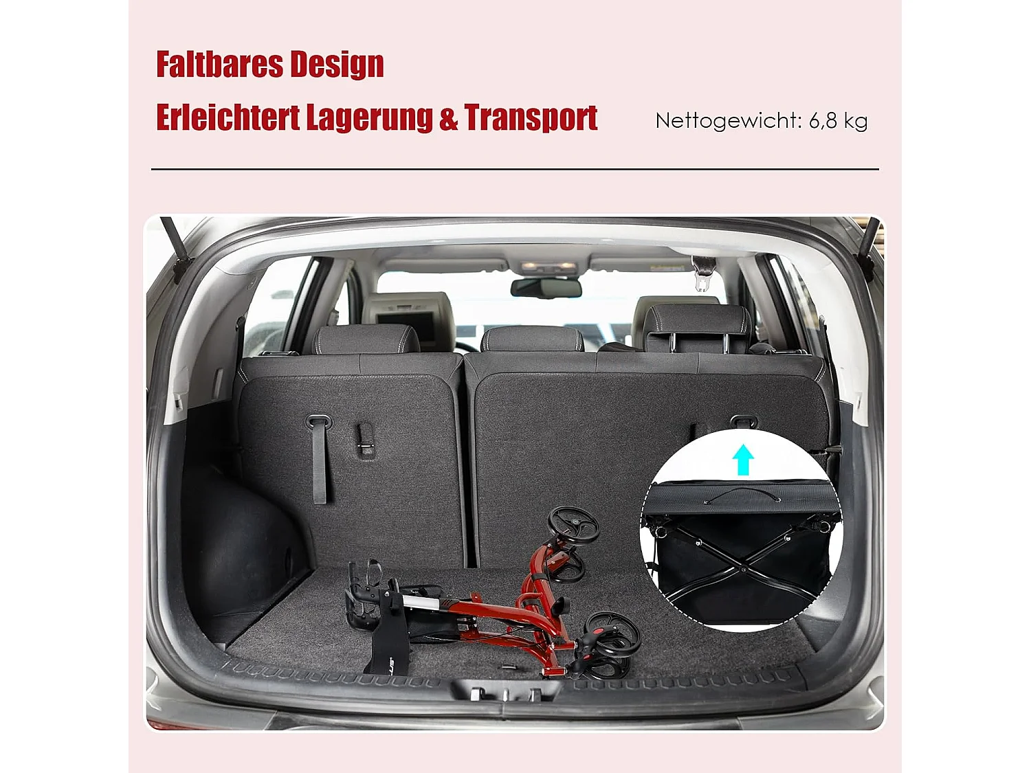 Rollator opvouwbaar en licht, met zitting, 2-in-1 ruststoel en reis-ollator,6-voudig in hoogte verstelbaar,stokhouder en 2 remmen, aluminiumlegering (rood)VT32229