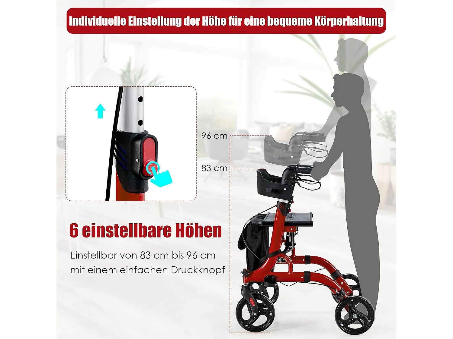 Rollator opvouwbaar en licht, met zitting, 2-in-1 ruststoel en reis-ollator,6-voudig in hoogte verstelbaar,stokhouder en 2 remmen, aluminiumlegering (rood)VT32229