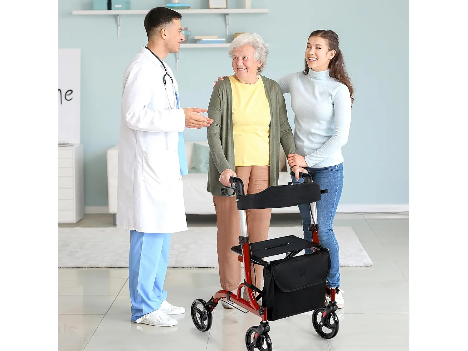 Rollator opvouwbaar en licht, met zitting, 2-in-1 ruststoel en reis-ollator,6-voudig in hoogte verstelbaar,stokhouder en 2 remmen, aluminiumlegering (rood)VT32229