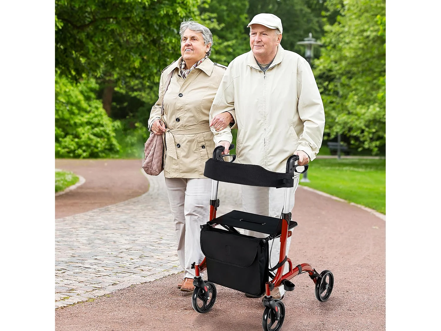 Rollator opvouwbaar en licht, met zitting, 2-in-1 ruststoel en reis-ollator,6-voudig in hoogte verstelbaar,stokhouder en 2 remmen, aluminiumlegering (rood)VT32229