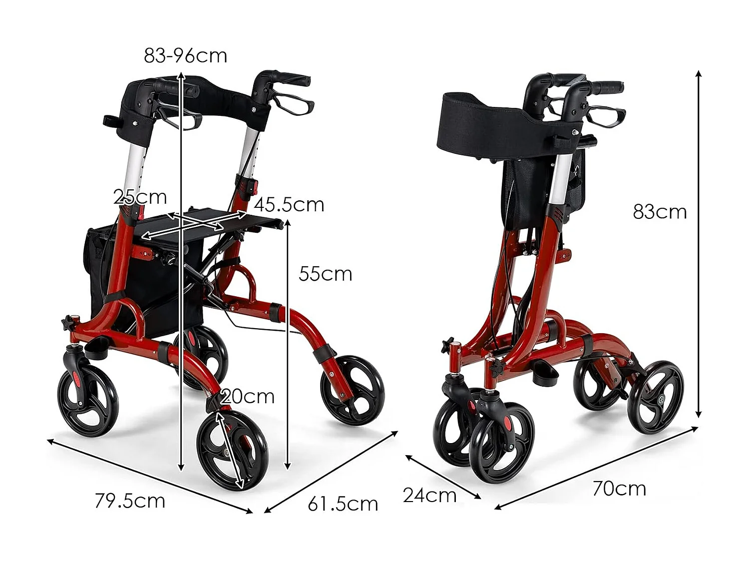 Rollator opvouwbaar en licht, met zitting, 2-in-1 ruststoel en reis-ollator,6-voudig in hoogte verstelbaar,stokhouder en 2 remmen, aluminiumlegering (rood)VT32229