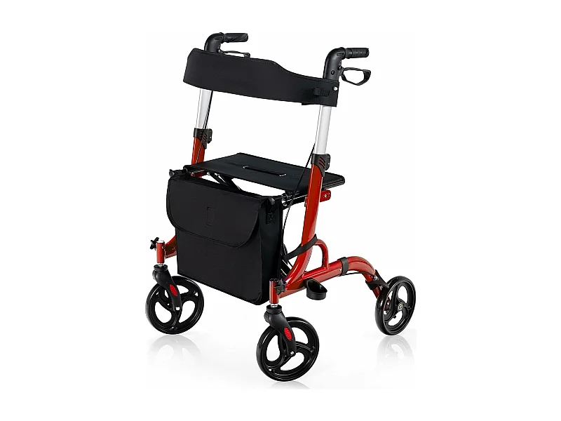 Rollator opvouwbaar en licht, met zitting, 2-in-1 ruststoel en reis-ollator,6-voudig in hoogte verstelbaar,stokhouder en 2 remmen, aluminiumlegering (rood)VT32229